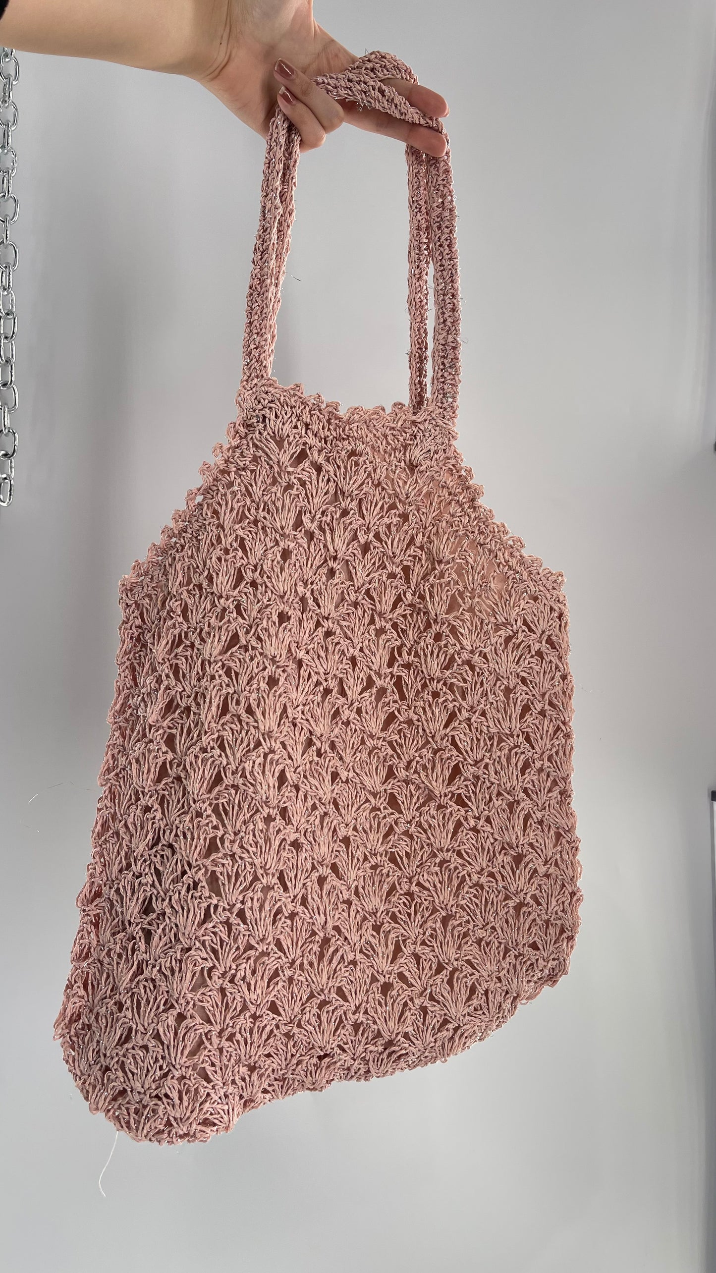 Urban Outfitters Baby Pink Straw Tote Bag with Silver Tinsel
