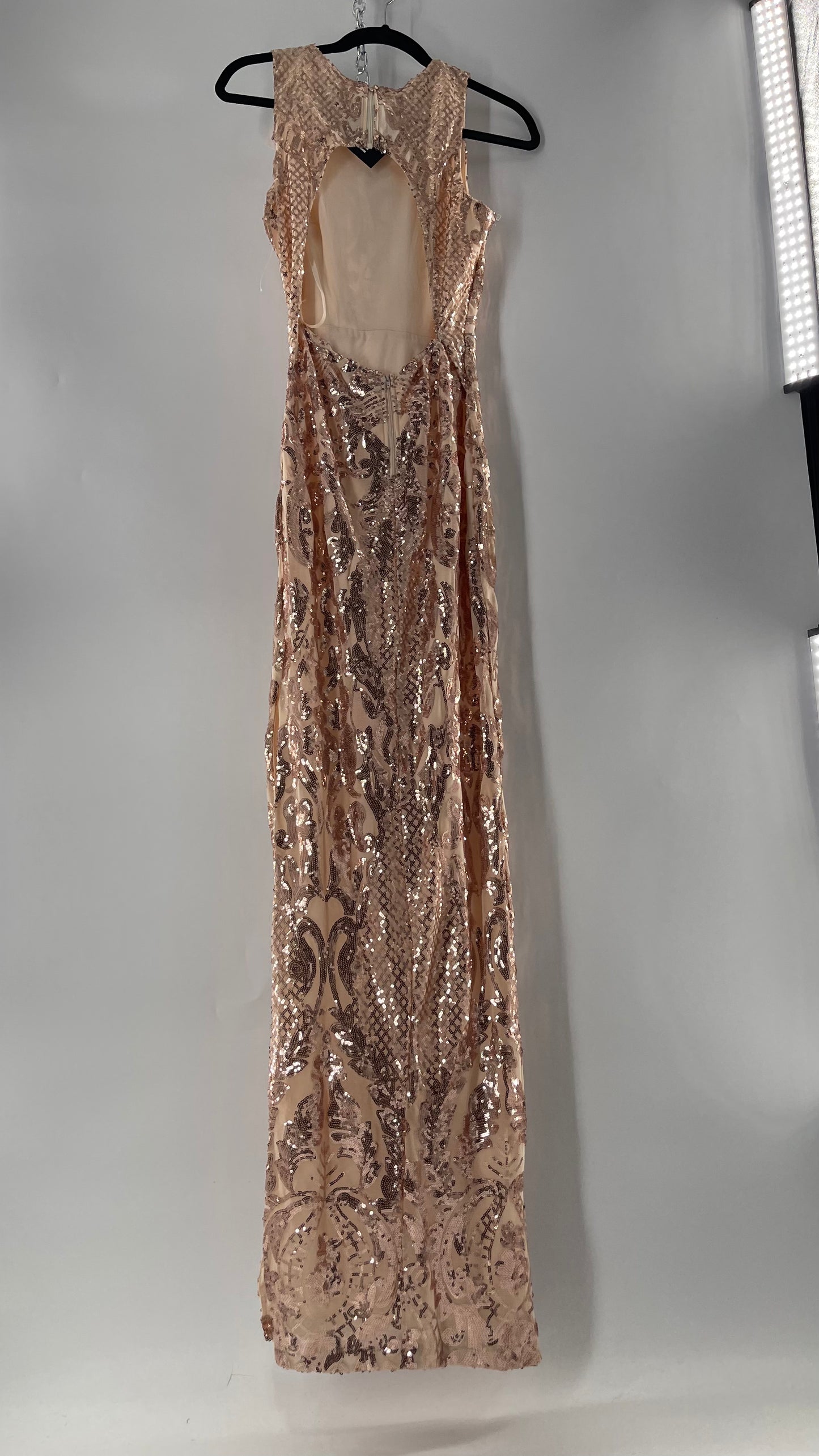 Windsor Rose Gold Sequin Maxi Dress with Side Slit Detail and Open Back (Small)