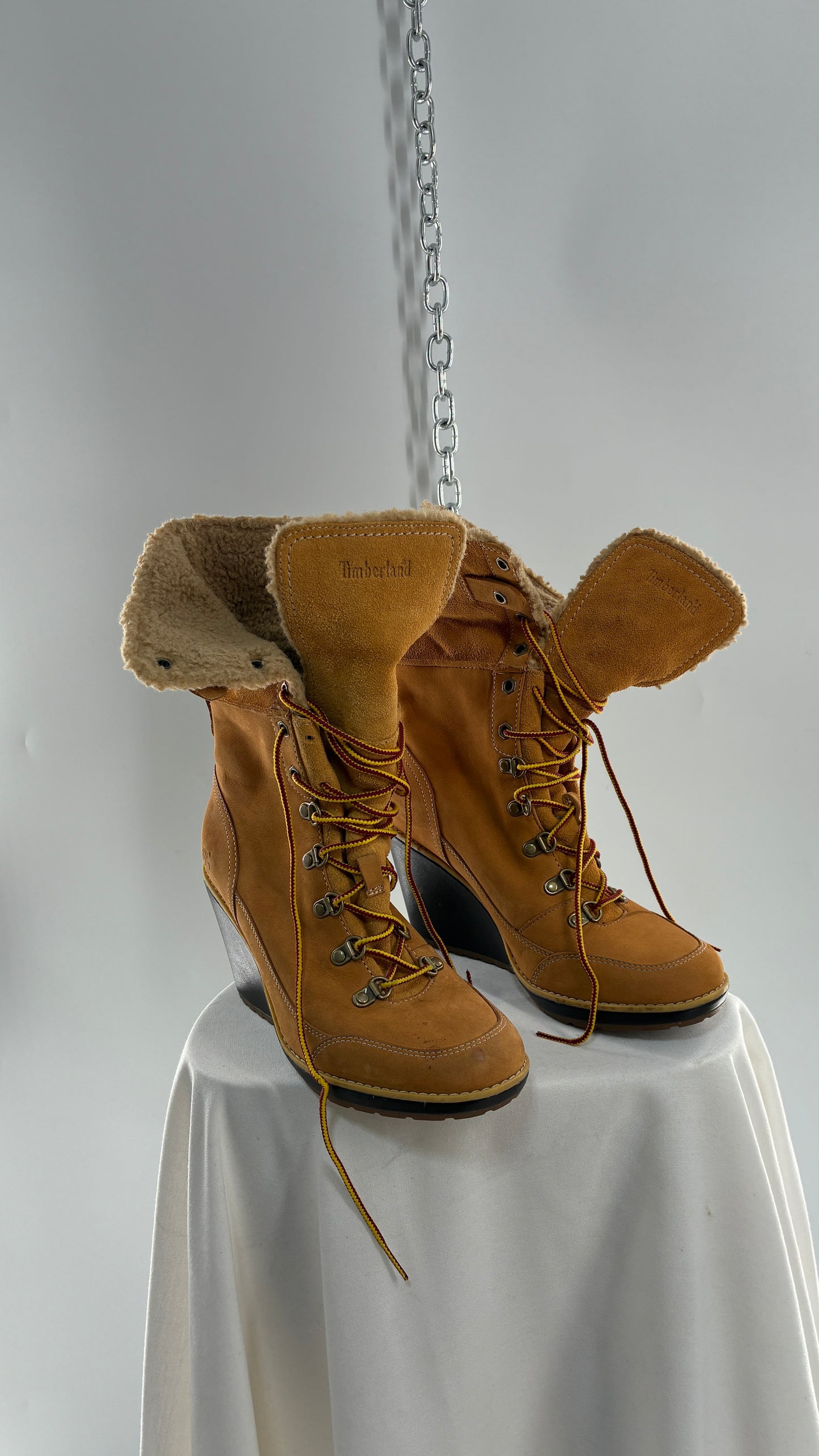 Vintage TIMBERLAND Wedge Boots Suede Leather Tie Up Heels (7.5)