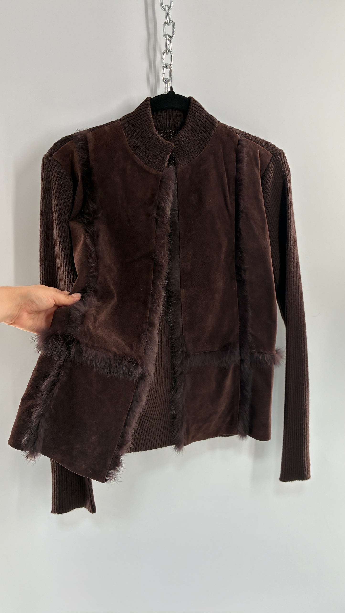 Vintage Brown Ribbed Jacket with Genuine Suede Leather Paneling and Rabbit Fur Trim (Medium)