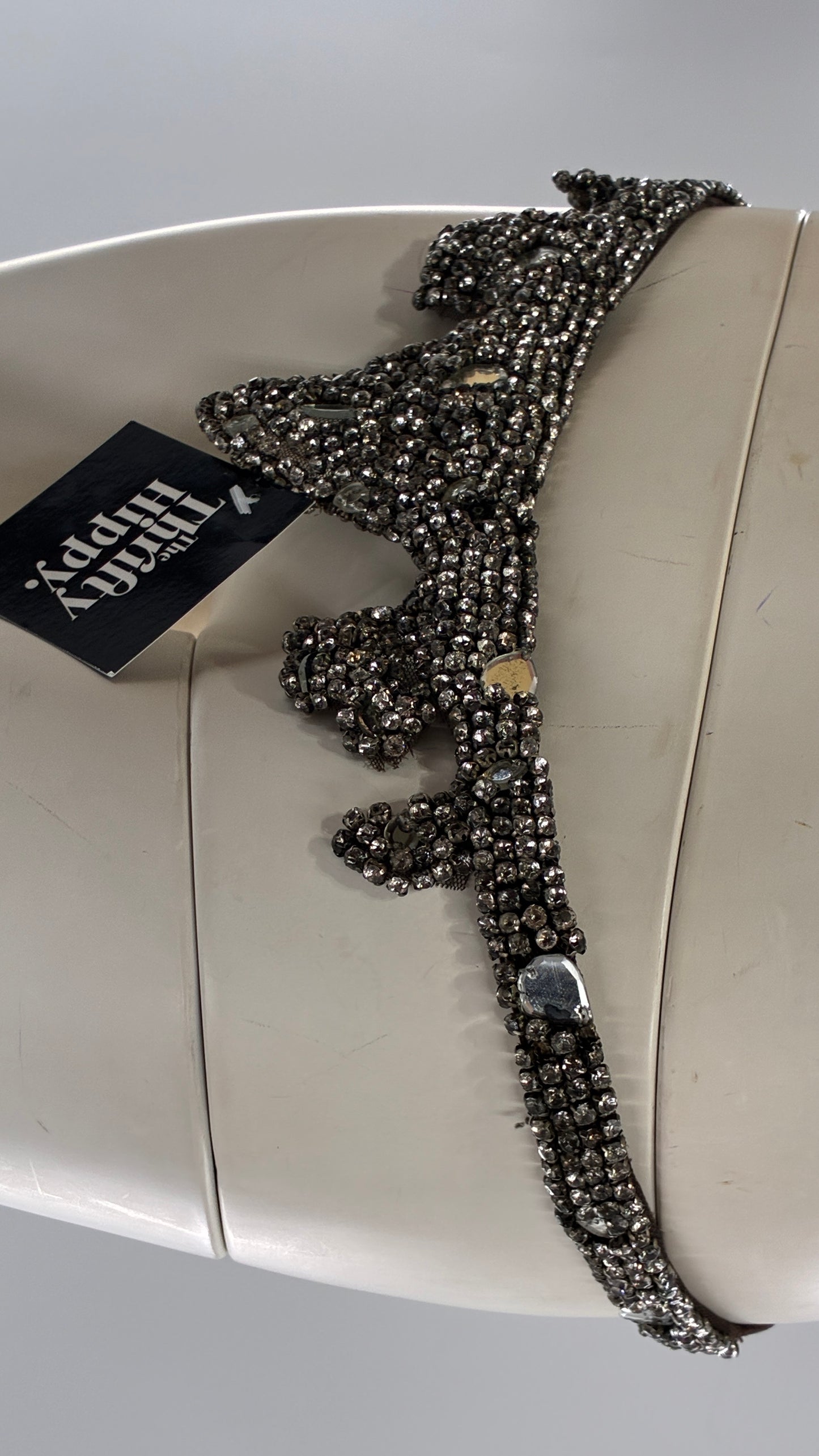 Vintage Brown Suede Leather Scalloped Belt Covered in Rhinestones and Heavy Ornate Beading