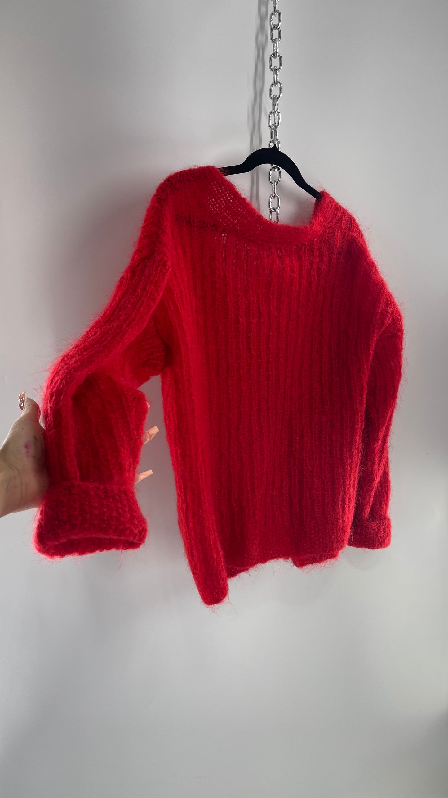 Saks Fifth Avenue Red Wool Knit Sweater with Embossed Bronze Buttons (M/L)