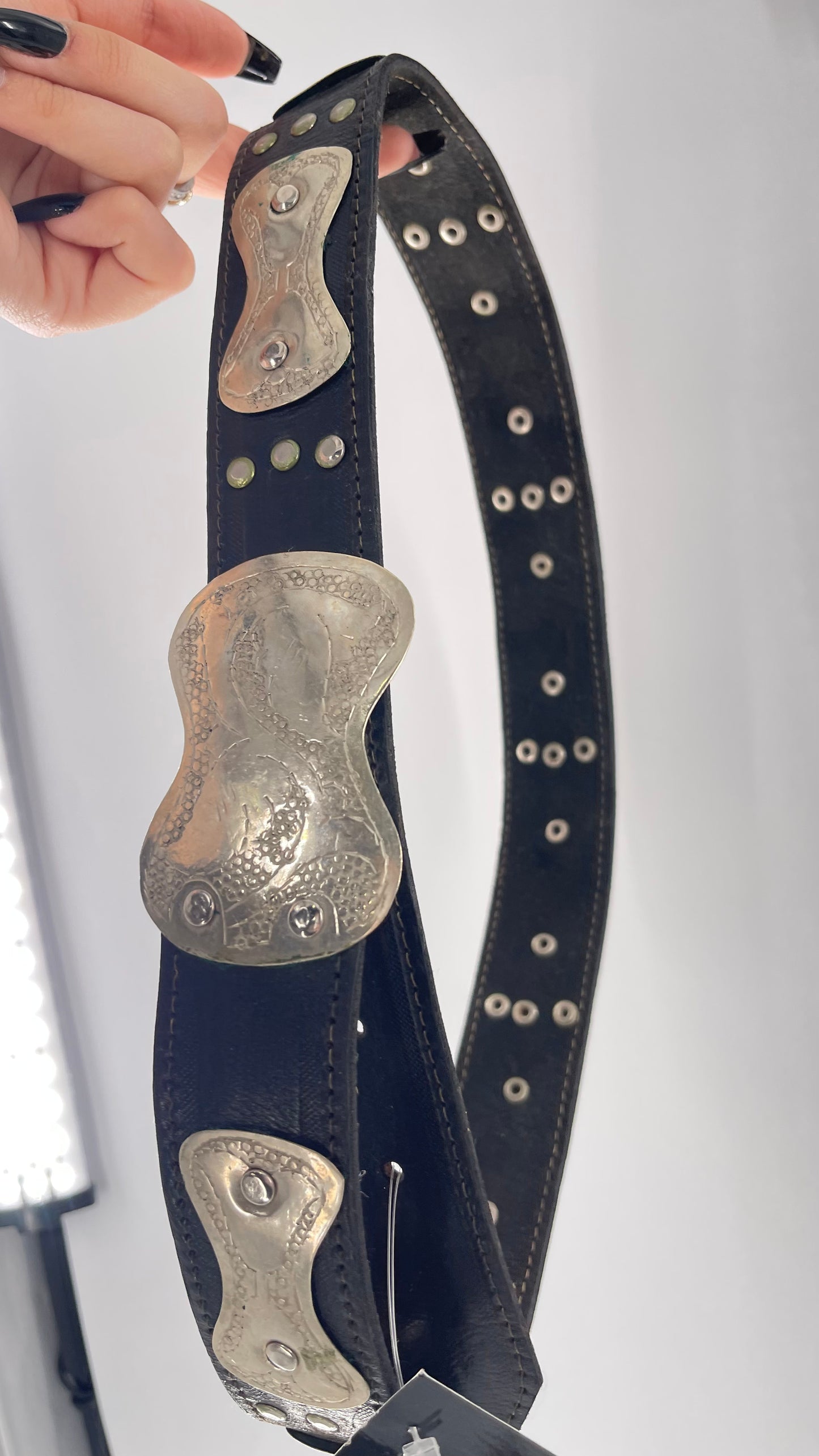 Vintage Engraved Silver Metal + Black Leather Belt (Small)