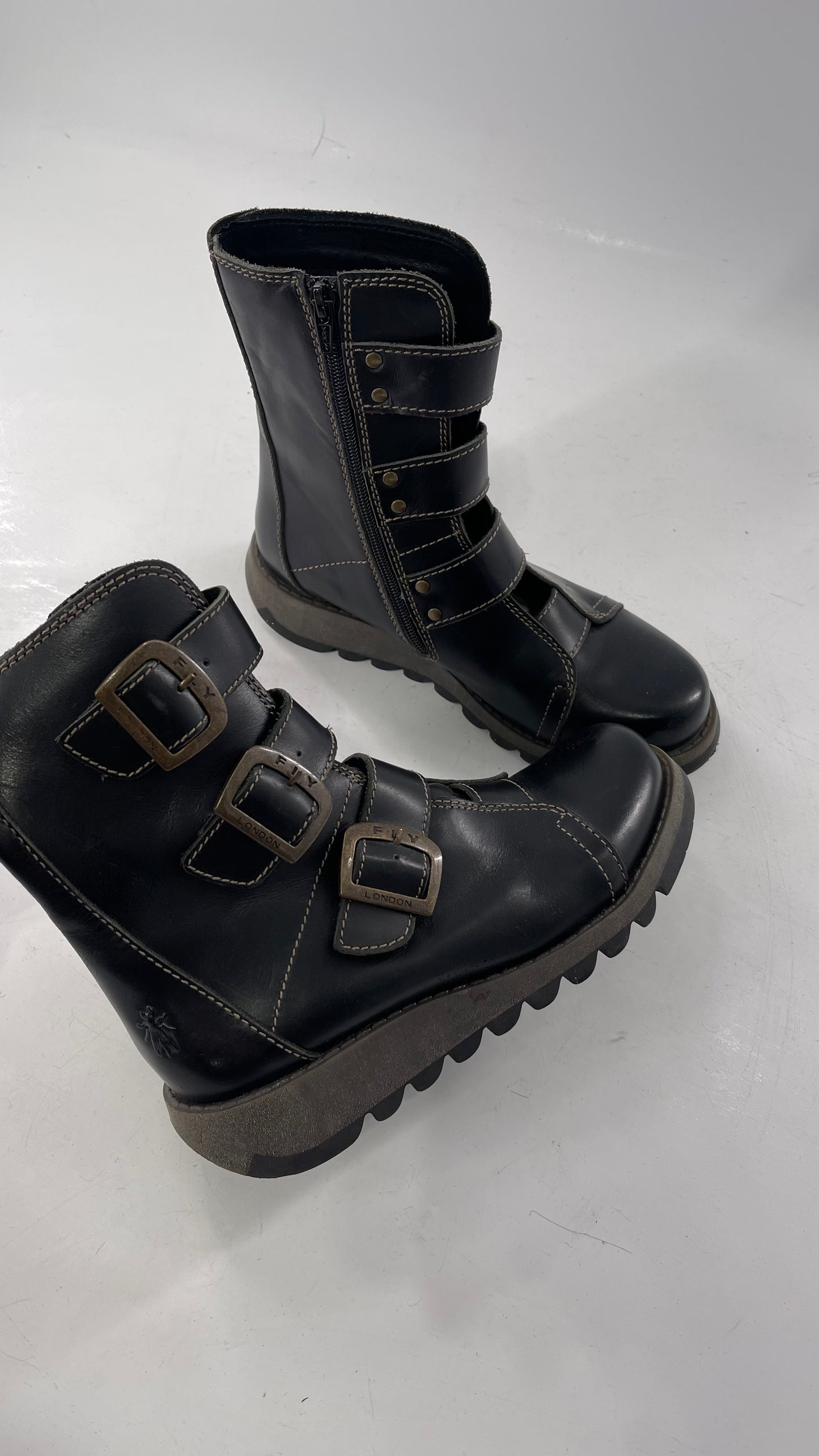 Fly London Black Zipper Side Biker Boot with Oversized Brass Buckles (38)