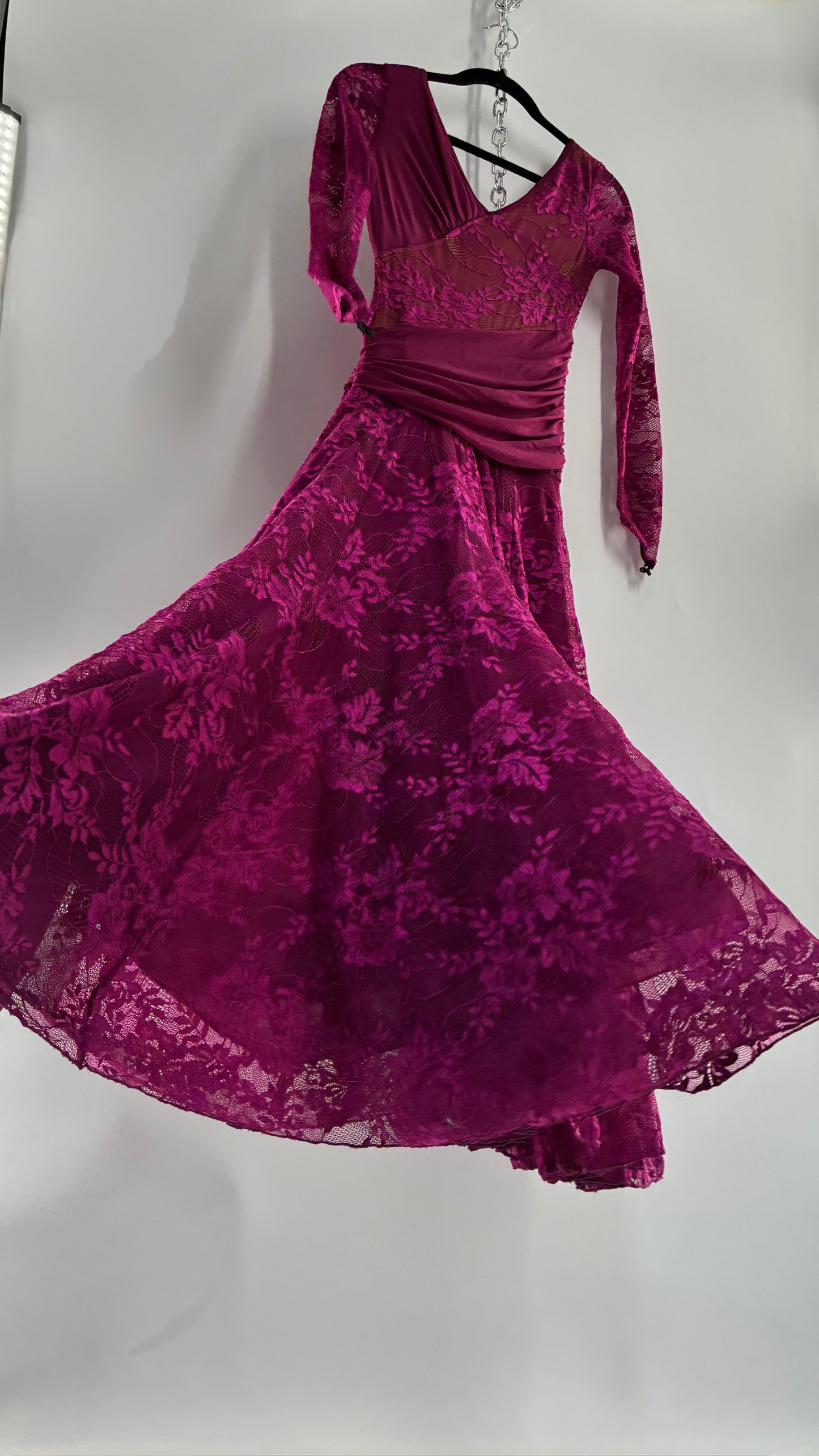 Vintage Fuchsia Flamenco, Lace and Mesh Paneled Gown with Gloved Hand Detail (Small)