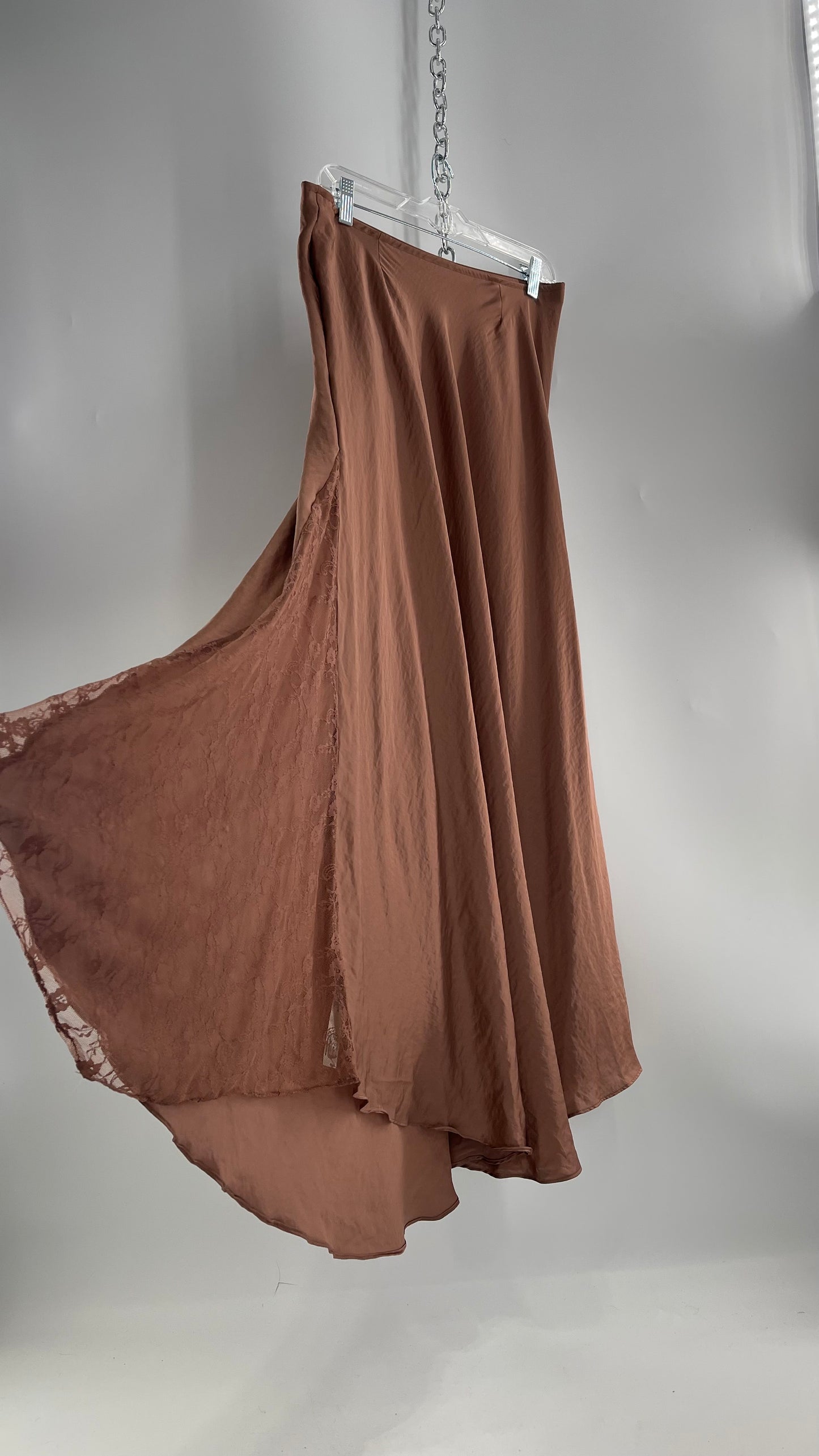 Intimately Free People Brown/Dusty Mauve Satin Maxi Skirt with Lace Paneling (Medium)