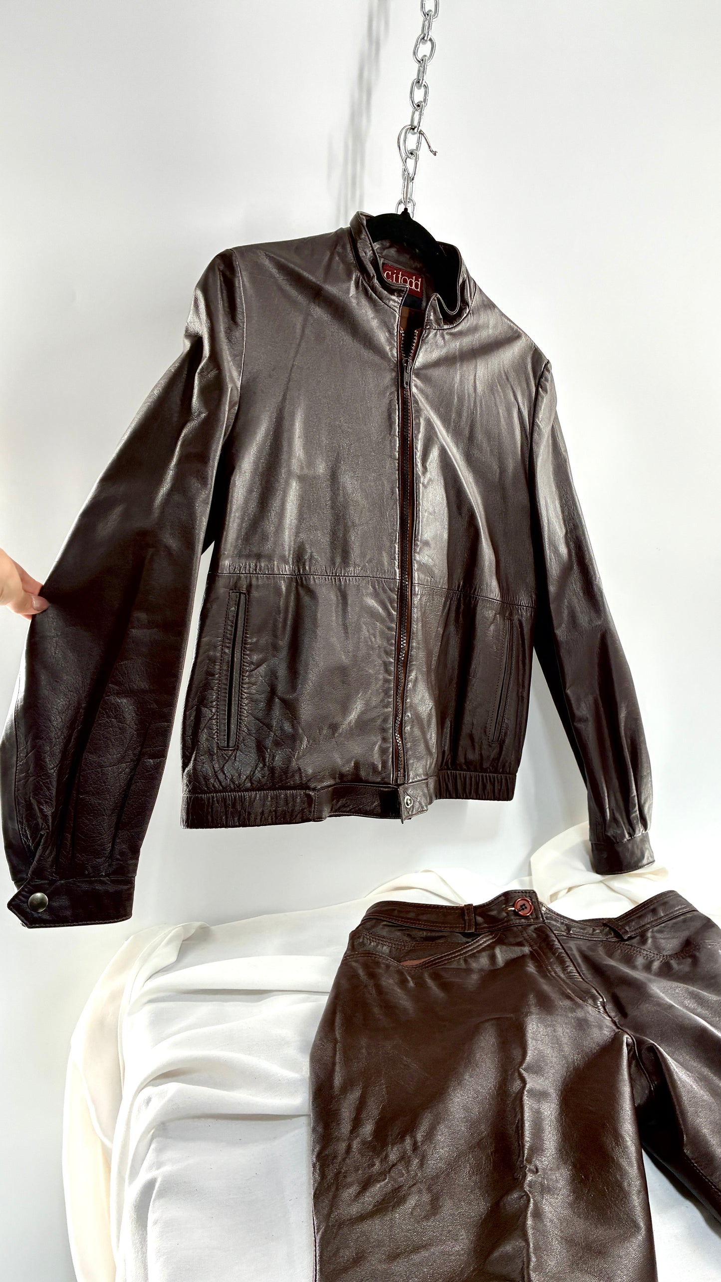 Vintage JORDACHE X CJ TODD Chocolate Brown Genuine Leather Trouser Moto Jacket Set (Small)
