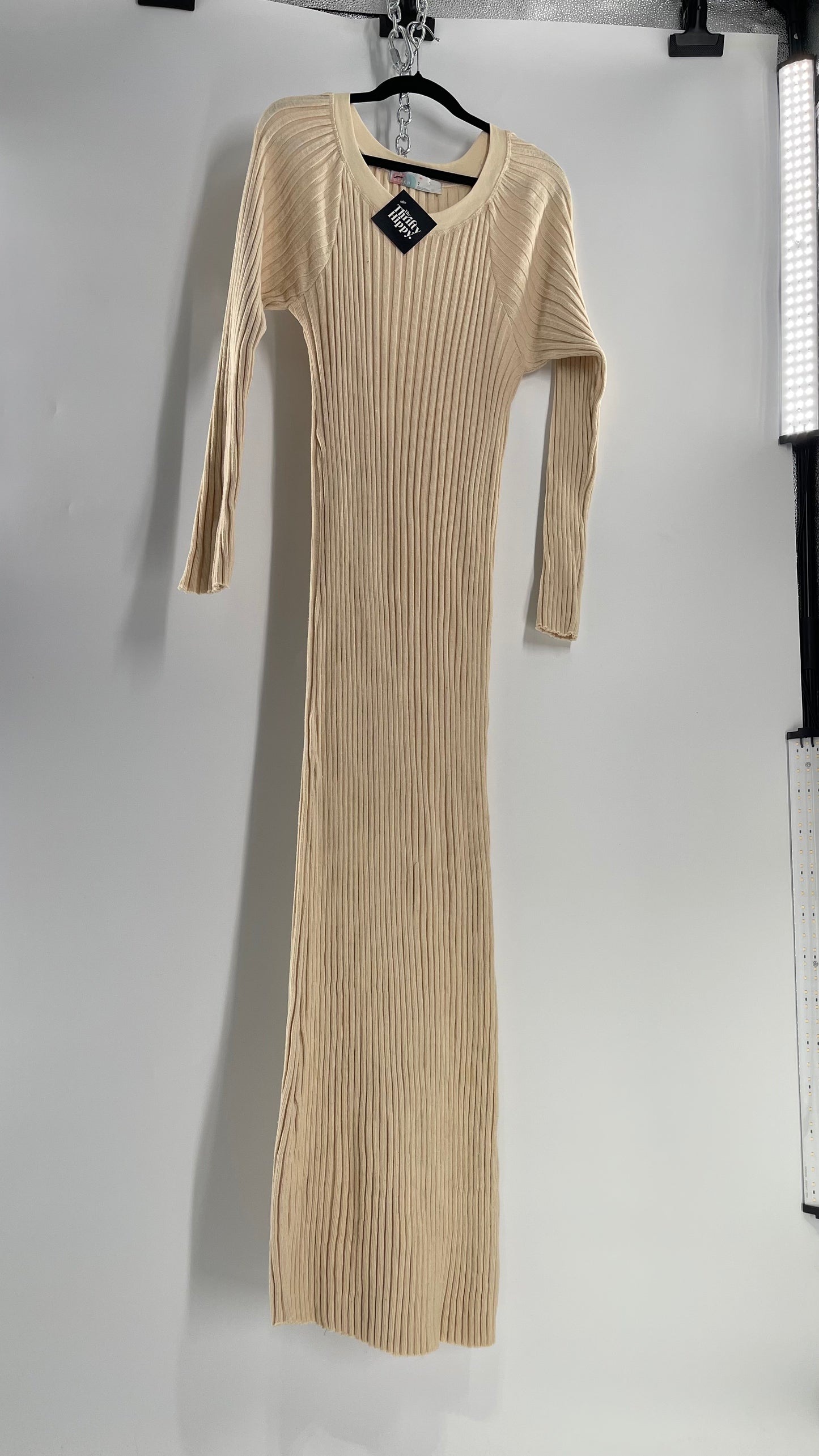 Free People Beige Knit Full Length Cozy Dress (Large)