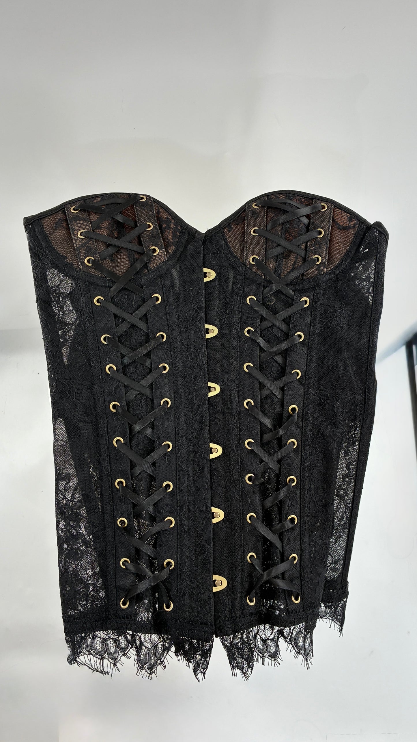 Vintage ADORE ME Lace Up Black Lace Corset with Nude Underlay (Small)