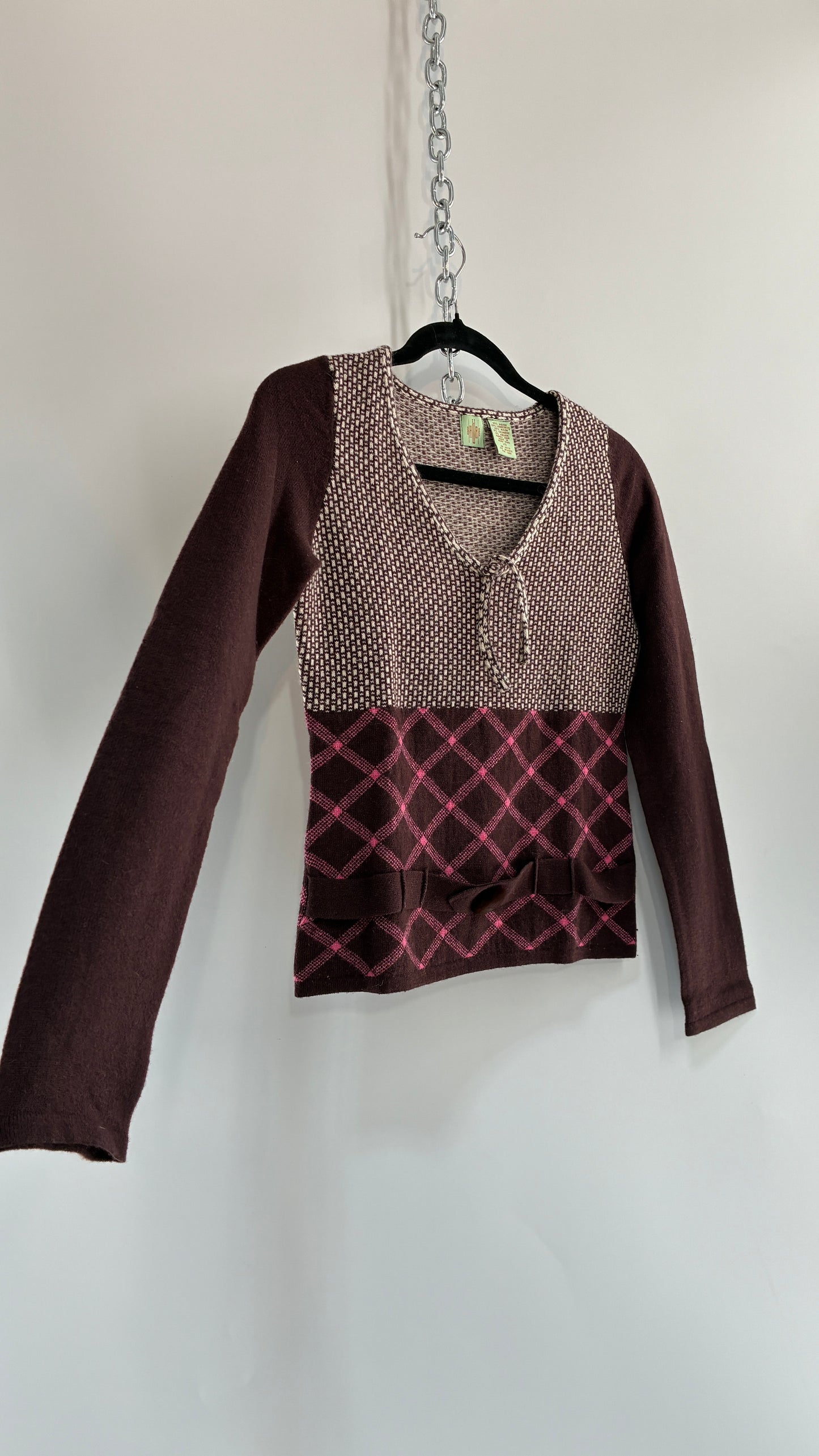 Vintage ANTHROPOLOGIE Lambswool, Rabbit and Cashmere Blend Brown Knit Long Sleeve with Belted, Buttoned Detail (XS)