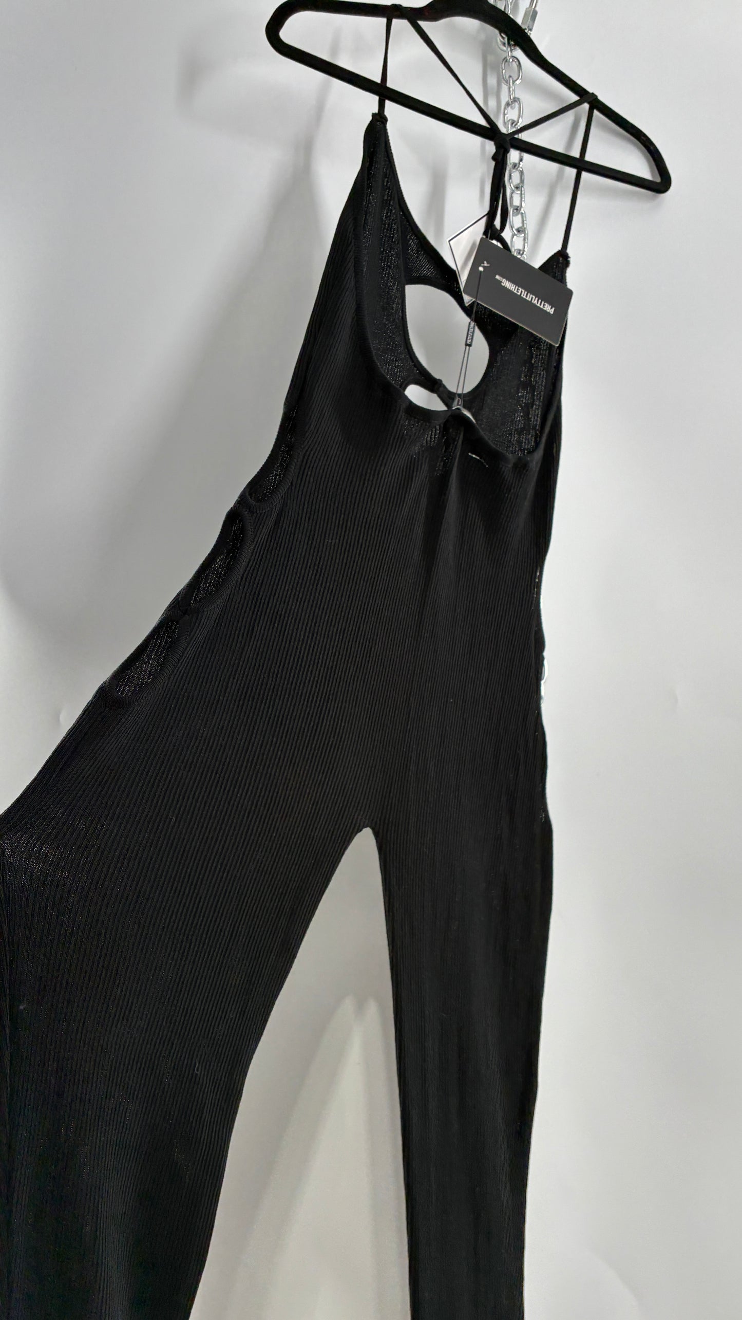 Pretty Little Thing Black Sheer Knit Cut Out Halter Neck Jumpsuit with Tags (Large)
