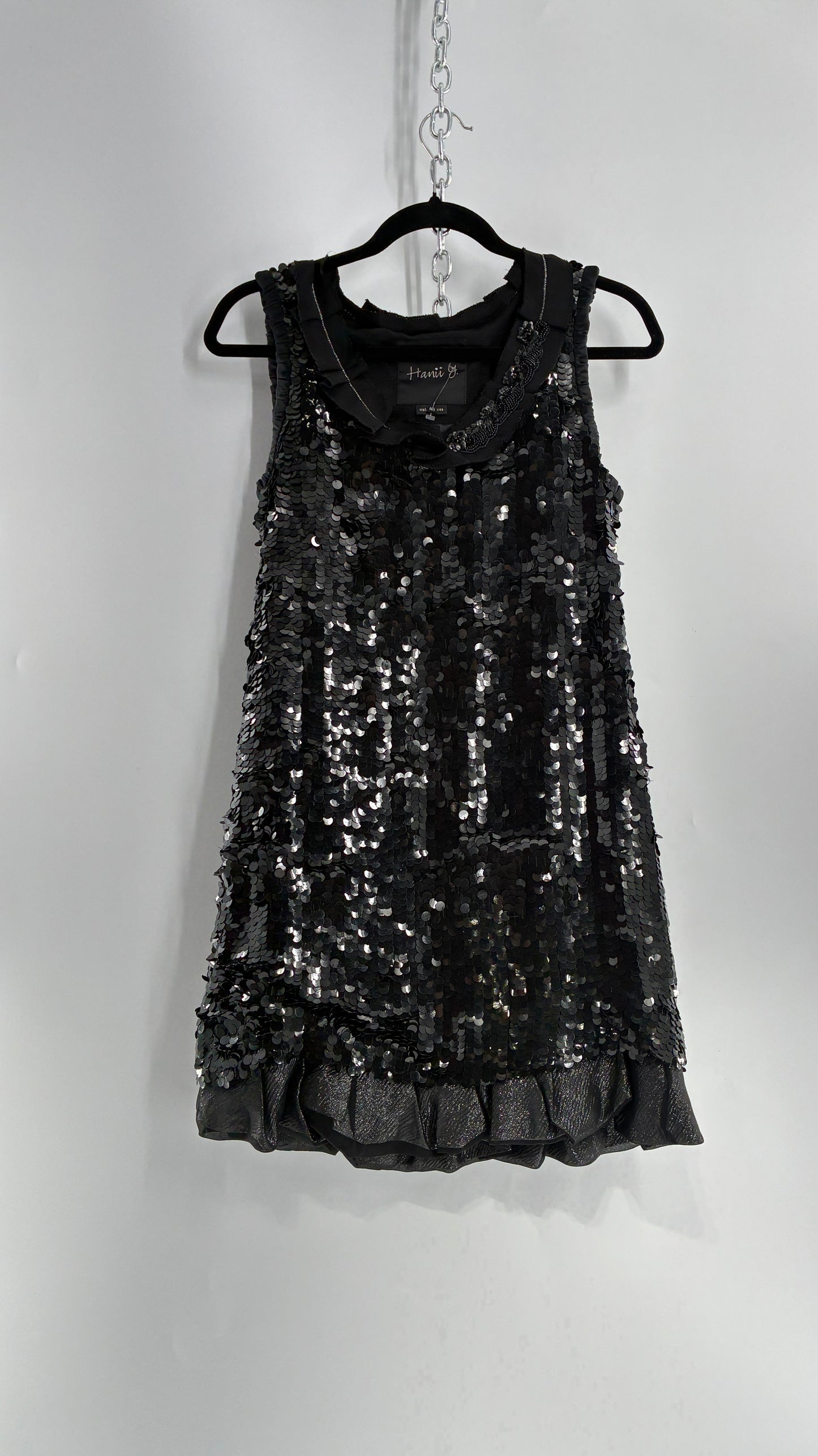 HANII Y. Black Sequin Mini Dress with Beaded, Pleated Ribbon Neckline and Bubble Hem (40)