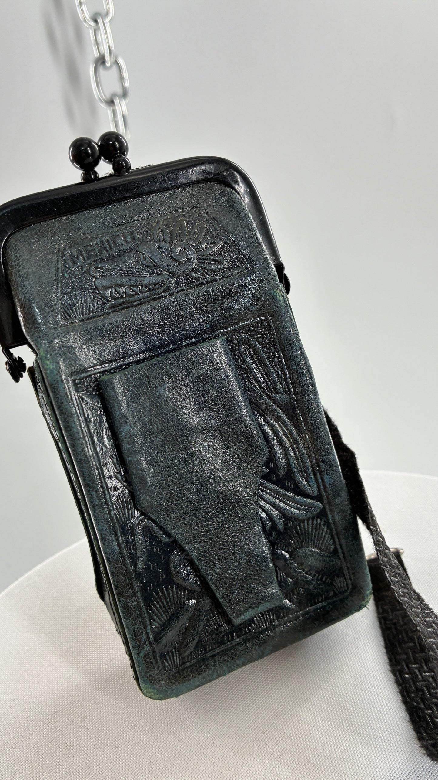 Vintage Mexican Black Engraved Leather Cigarette Pouch with Lighter Holster