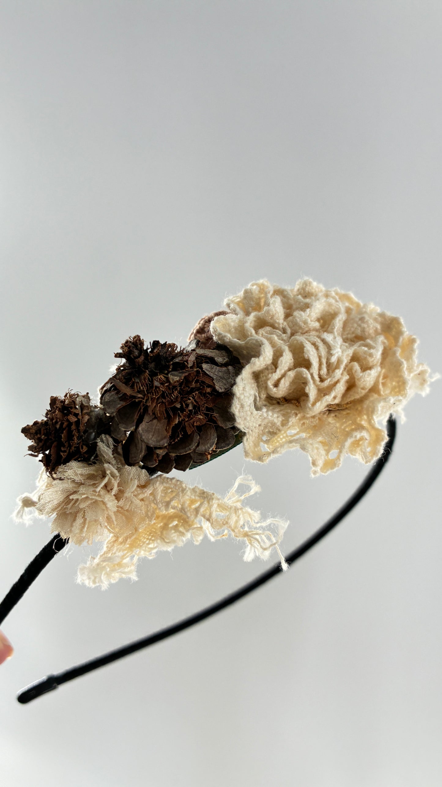 Vintage FARMER Handmade Discrete Headband with Crochet and Pine Appliqués