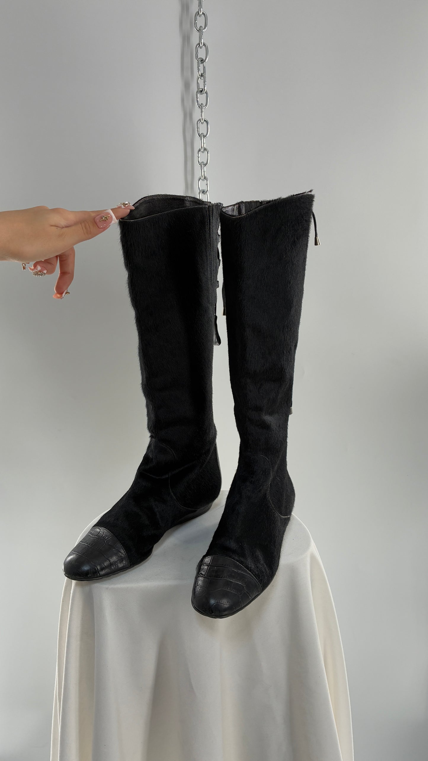 Vintage MIGLIORINI Black Genuine Calf Hair/Fur Boots with Heel, Made in Italy (7.5)