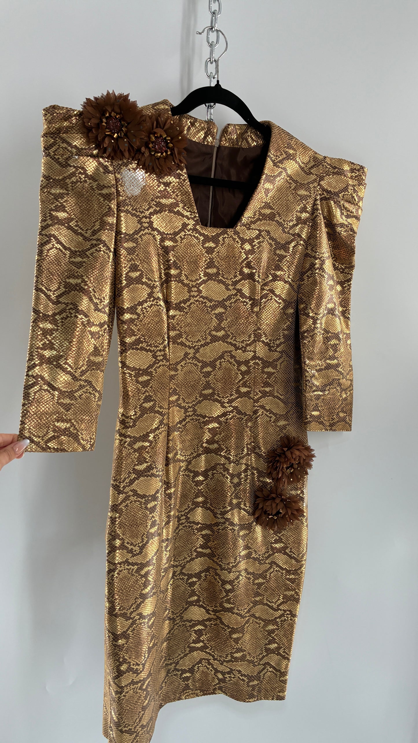 Vintage 1980s Handmade Genuine Leather Snakeskin Bronze Midi Dress with Floral Appliqués (Medium, See Measurements)
