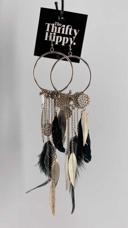 Vintage Hoop Earring with Chains, Feathers and Silver Metal Coins