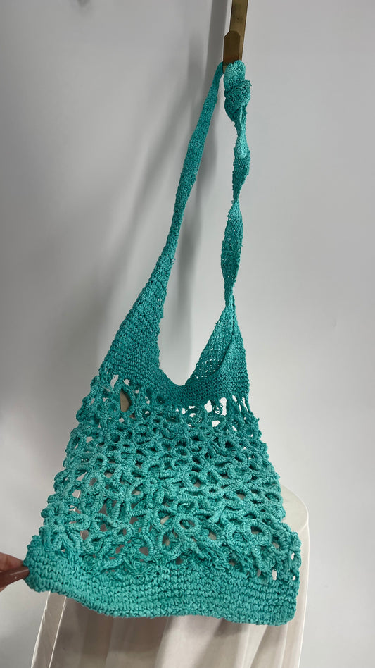 Turquoise Blue Straw Flower Tote Bag