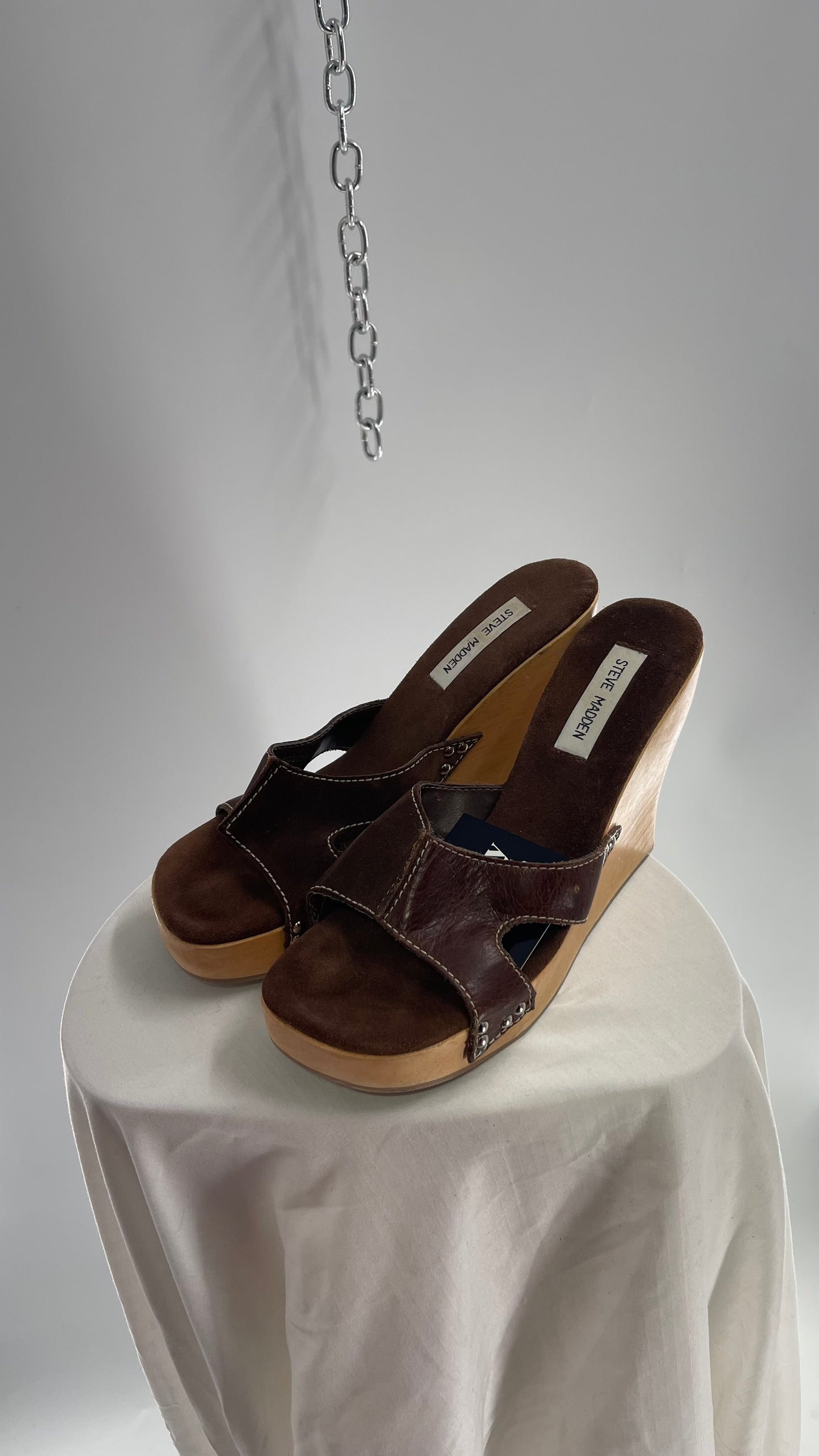 STEVE MADDEN Brown Suede Leather Strappy Wooden Wedge Heel Sandal (10)