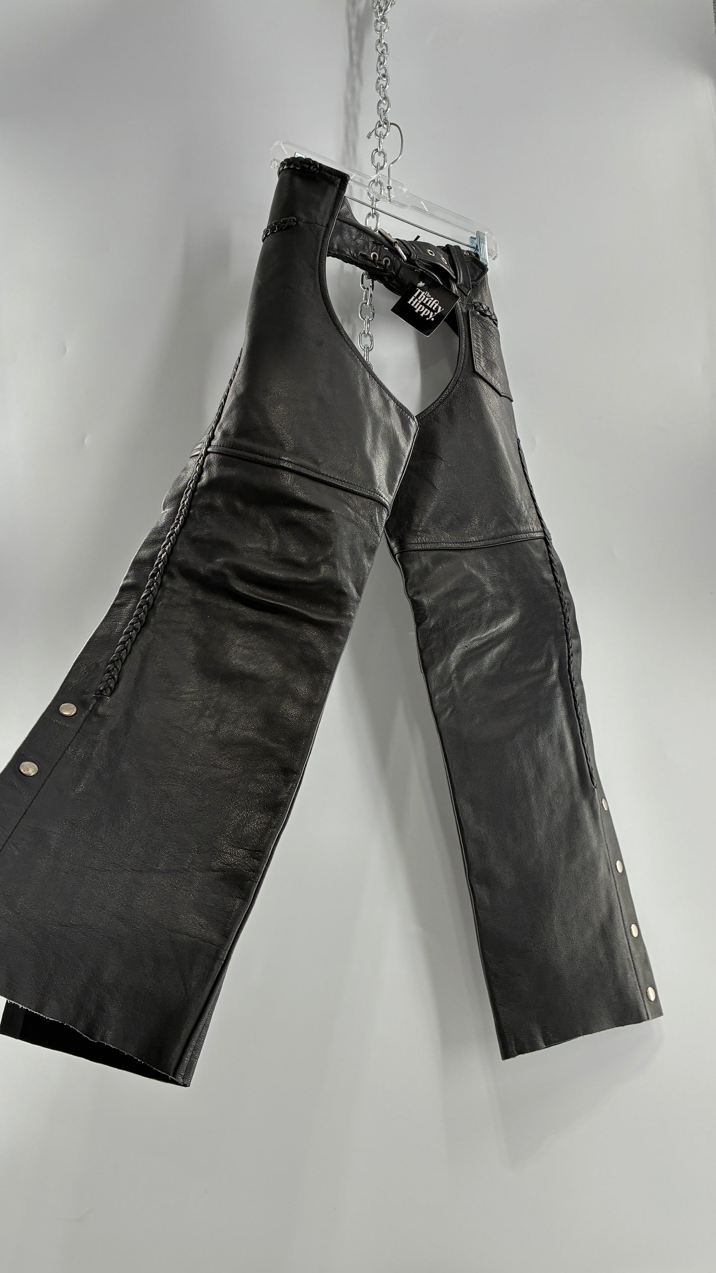 Vintage AMERICAN LEATHER Black Motorcycle Chaps/Pants with Mini Pocket, and Side Zipper Detailing (XS)