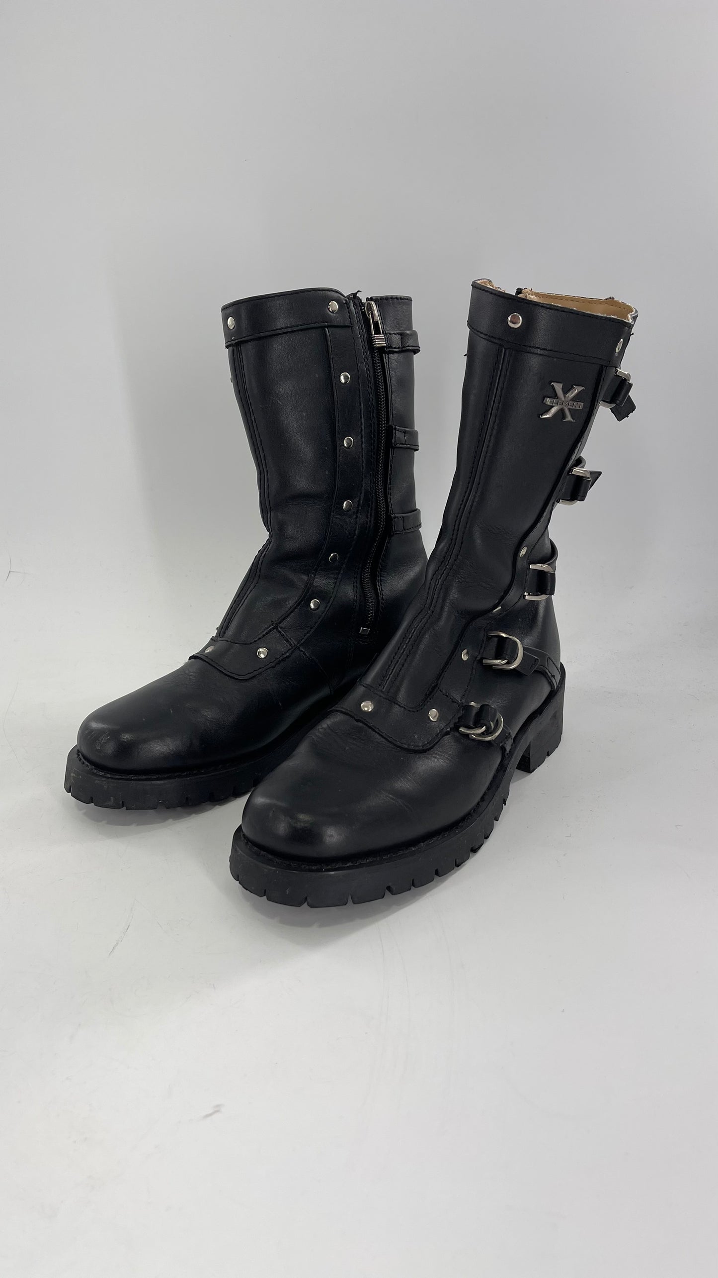 Vintage 1990s XELEMENT Buckle Side Genuine Leather Steam Punk Boots (Women’s 8.5)