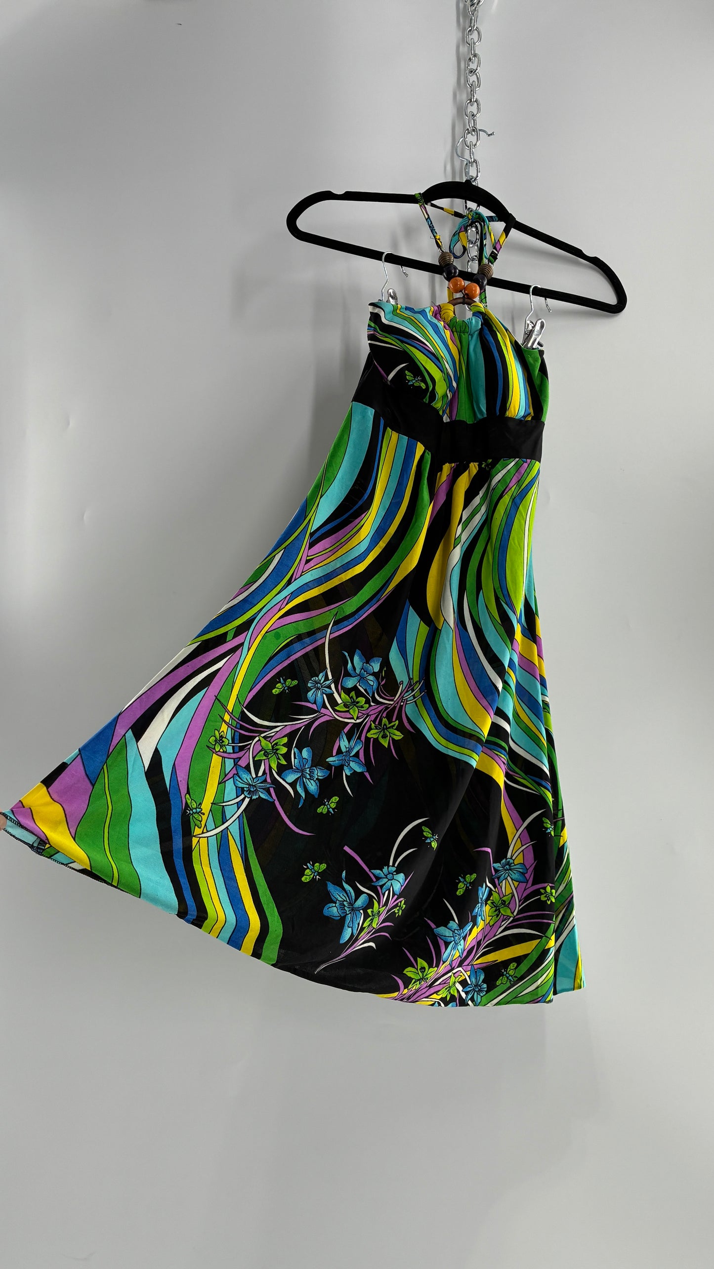 Vintage 1990s Halter Contrast Swirl Dress with Beaded Choker and Built in Bust Padding (Small)
