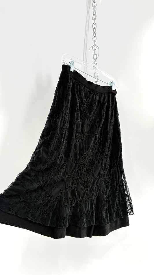 Vintage DUÉ PER DUÉ Black Heavy Knit Skirt with Lace Overlay (Medium)