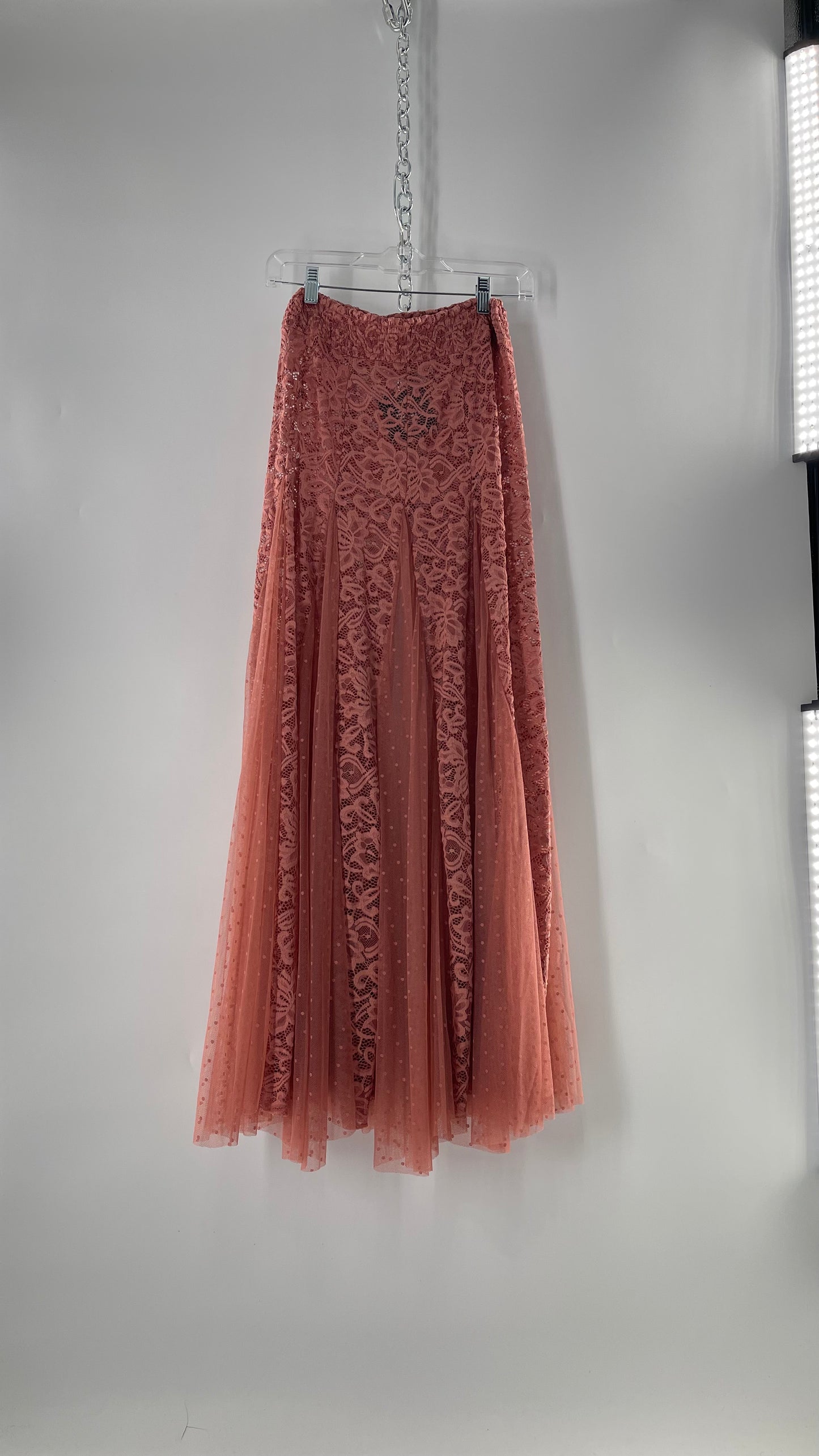 Intimately Free People Blush Pink Lace and Polka Dot Mesh Maxi Skirt (XS)