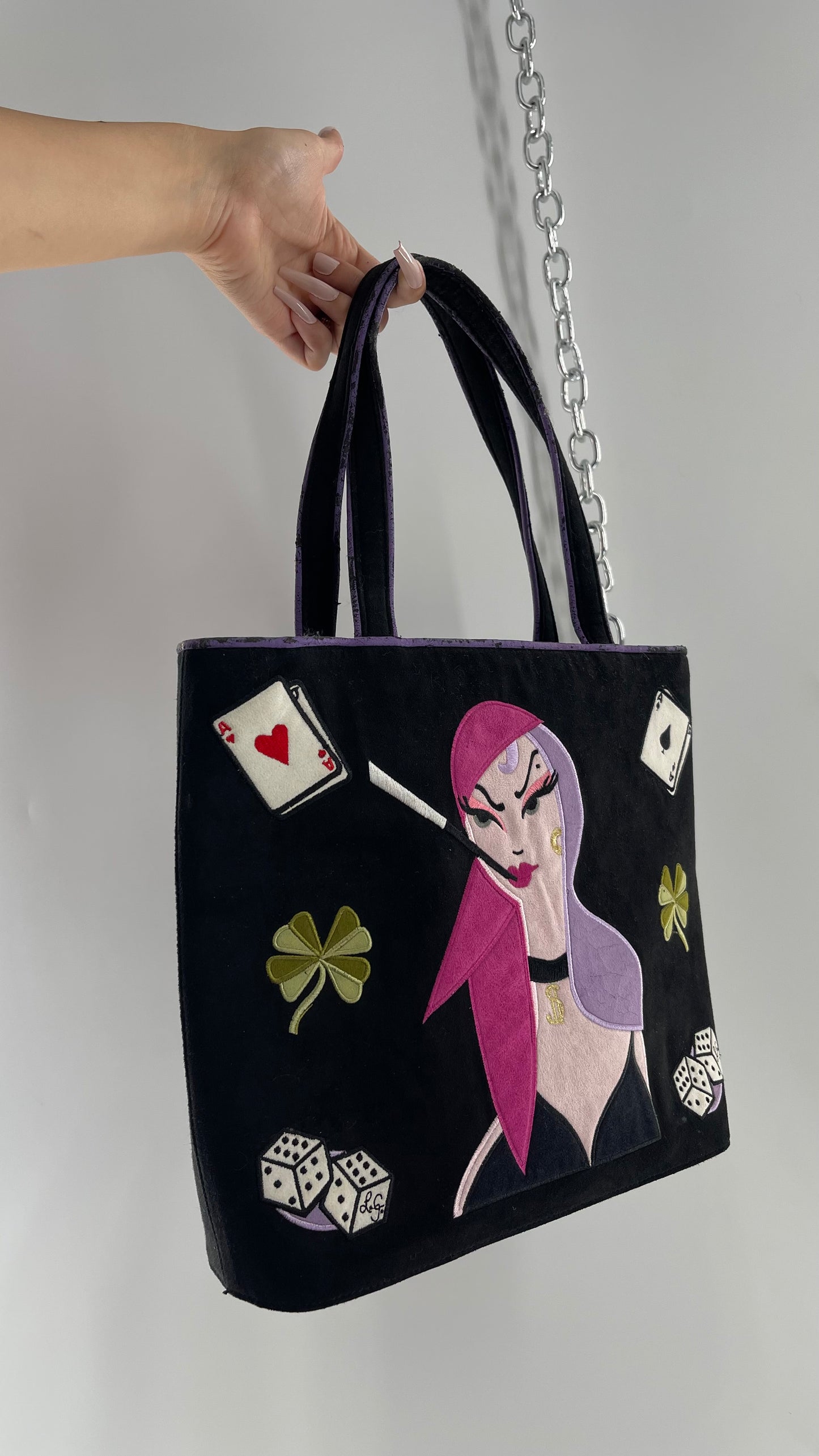 RARE Vintage LULU GUINESS Black Las Vegas Poker/Casino Bag with Embroidered Designs