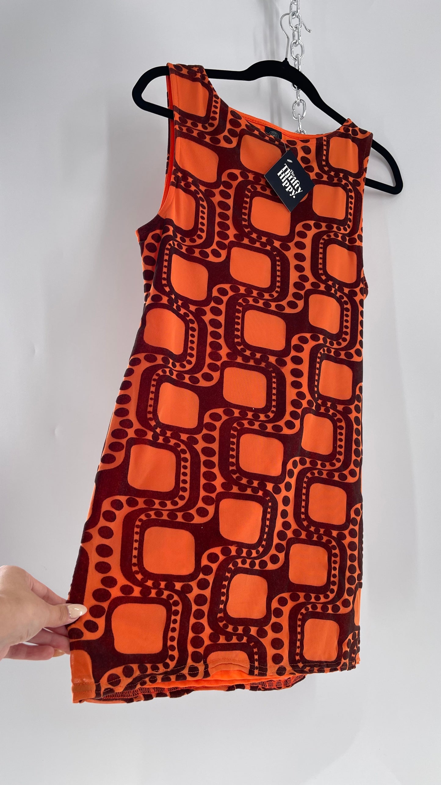 Urban Outfitters Orange Retro Patterned Tunic Dress with Brown Velvet 1970s Print  (Large)