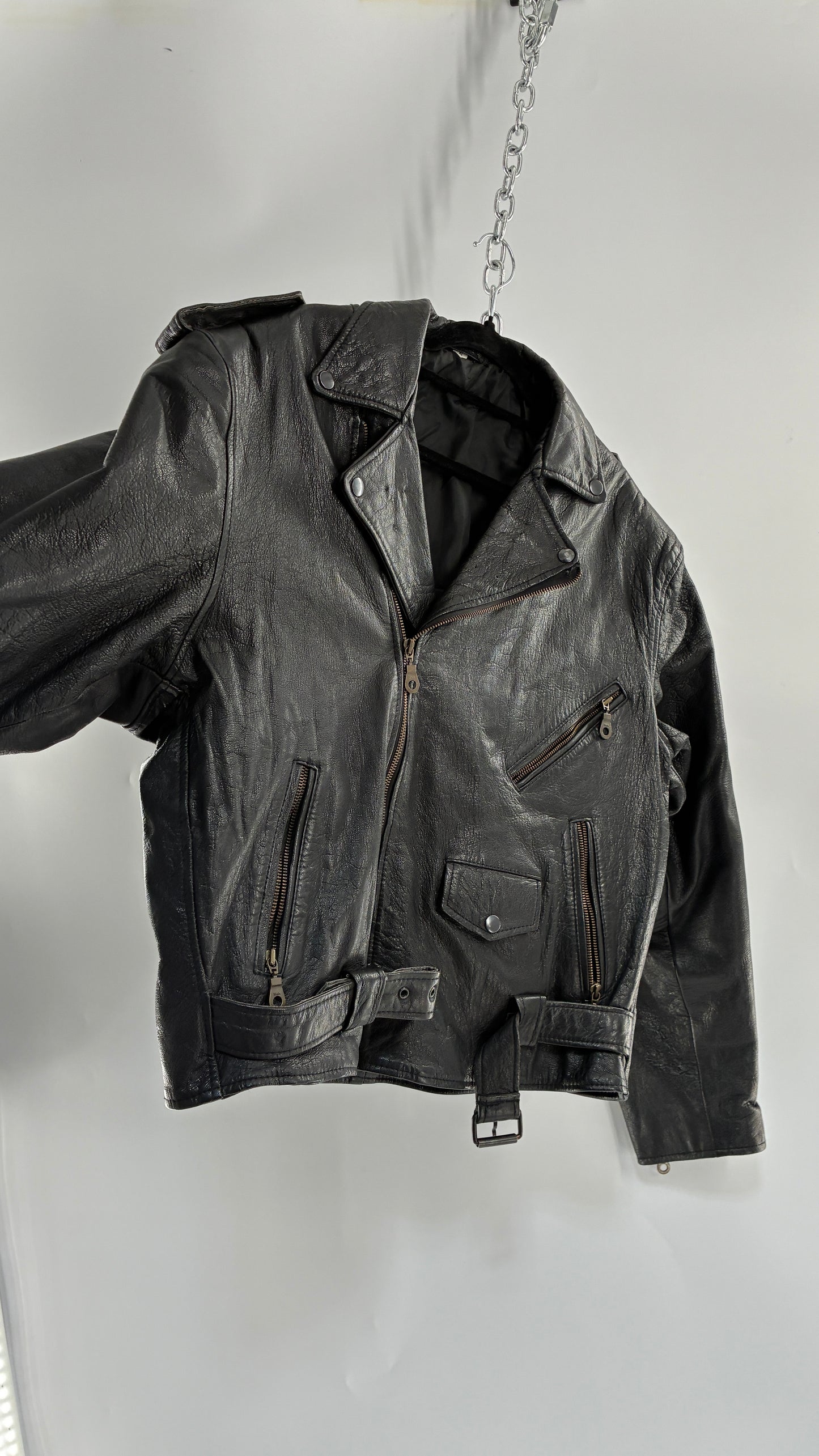 Vintage Black Genuine Leather Motorcycle Jacket (XL)