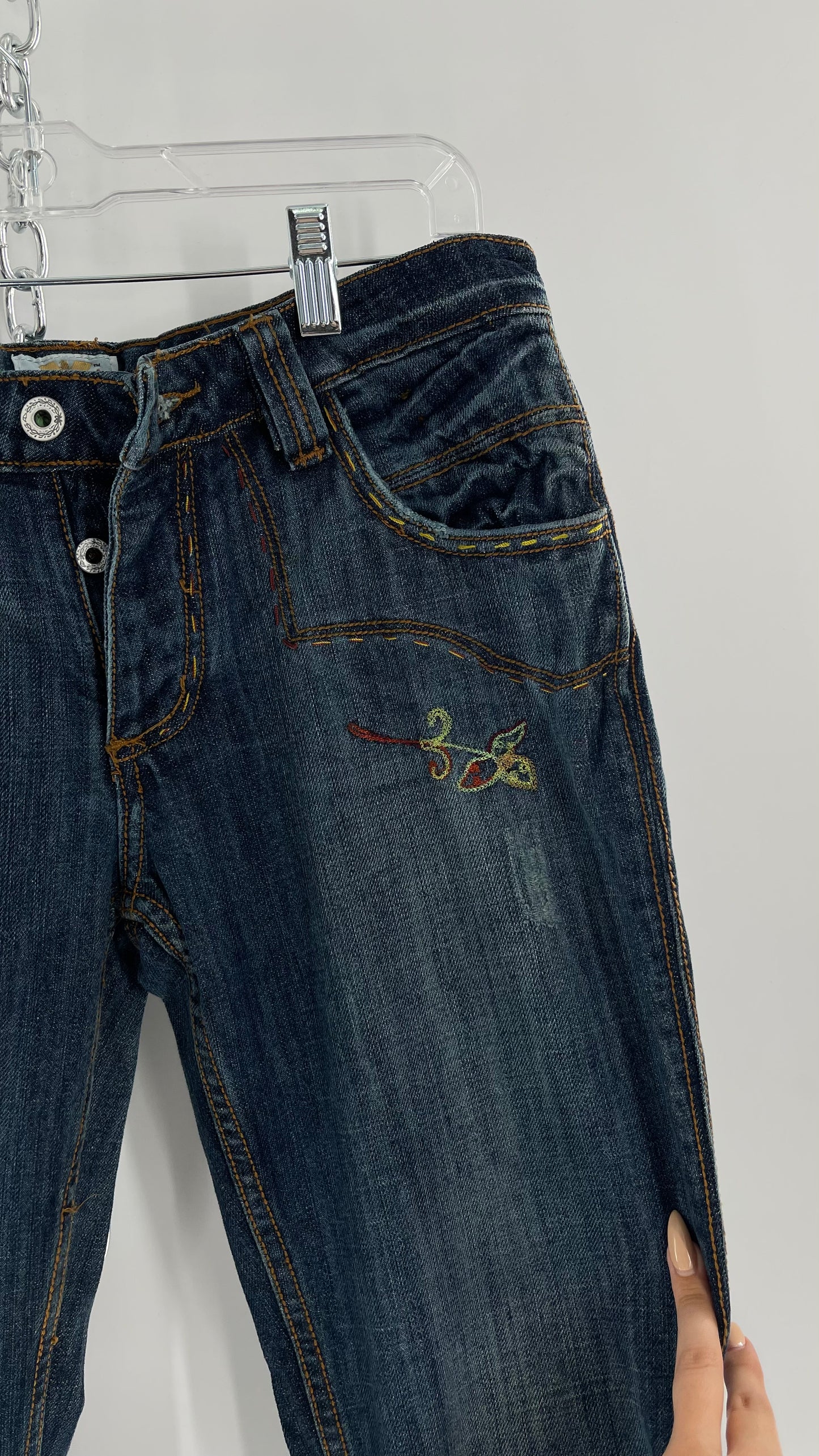 Vintage RARE Antik Denim Kick Flares with Embroidered Flower Design and Contrast Stitching (28)