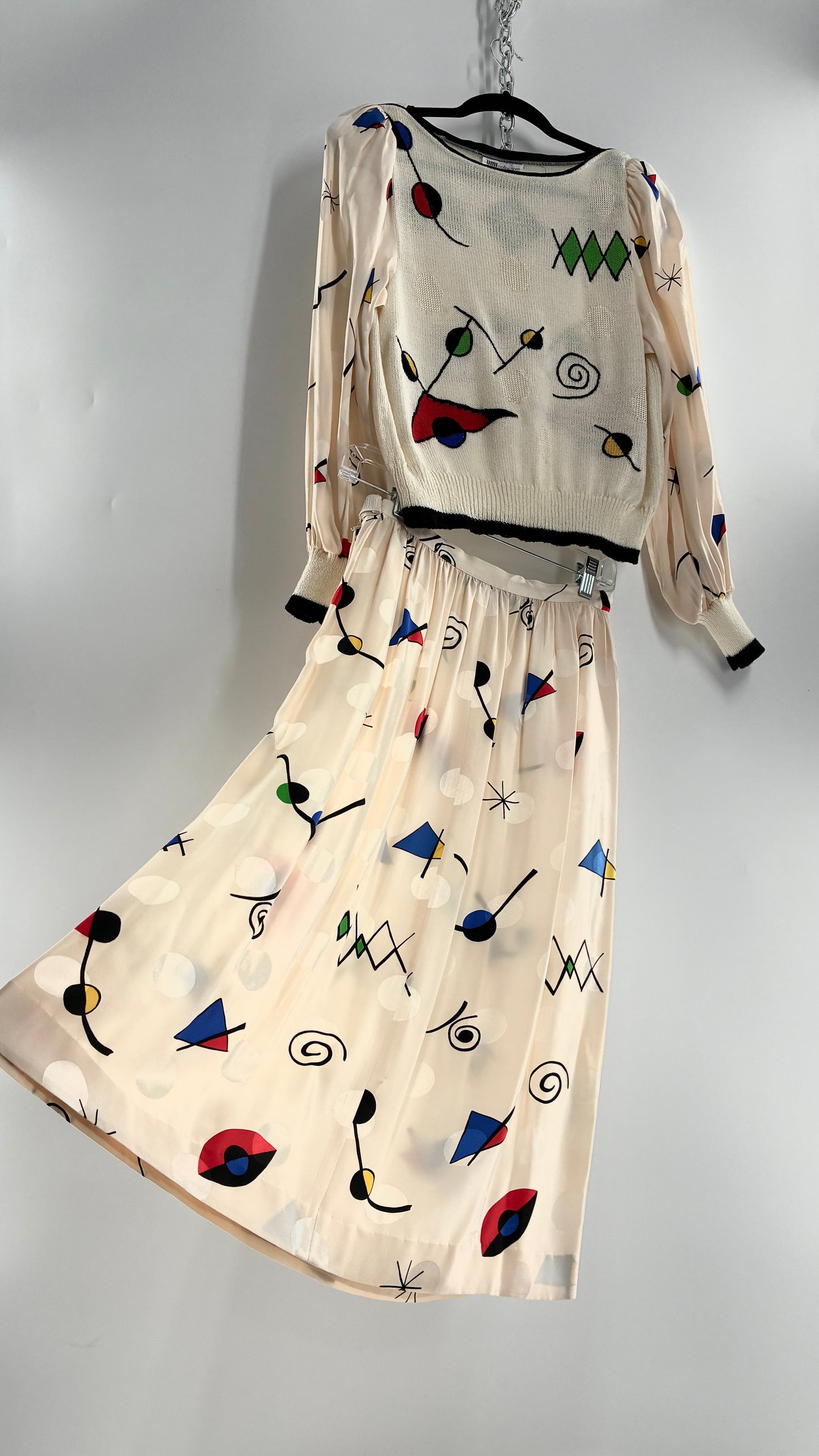 Vintage 1980s UMI collections by Anne Crimmins Off White 2 Piece Set with Abstract Embroidered Designs and 100% Silk Polka Dot Print Skirt (Medium Sweater, 8 Skirt)