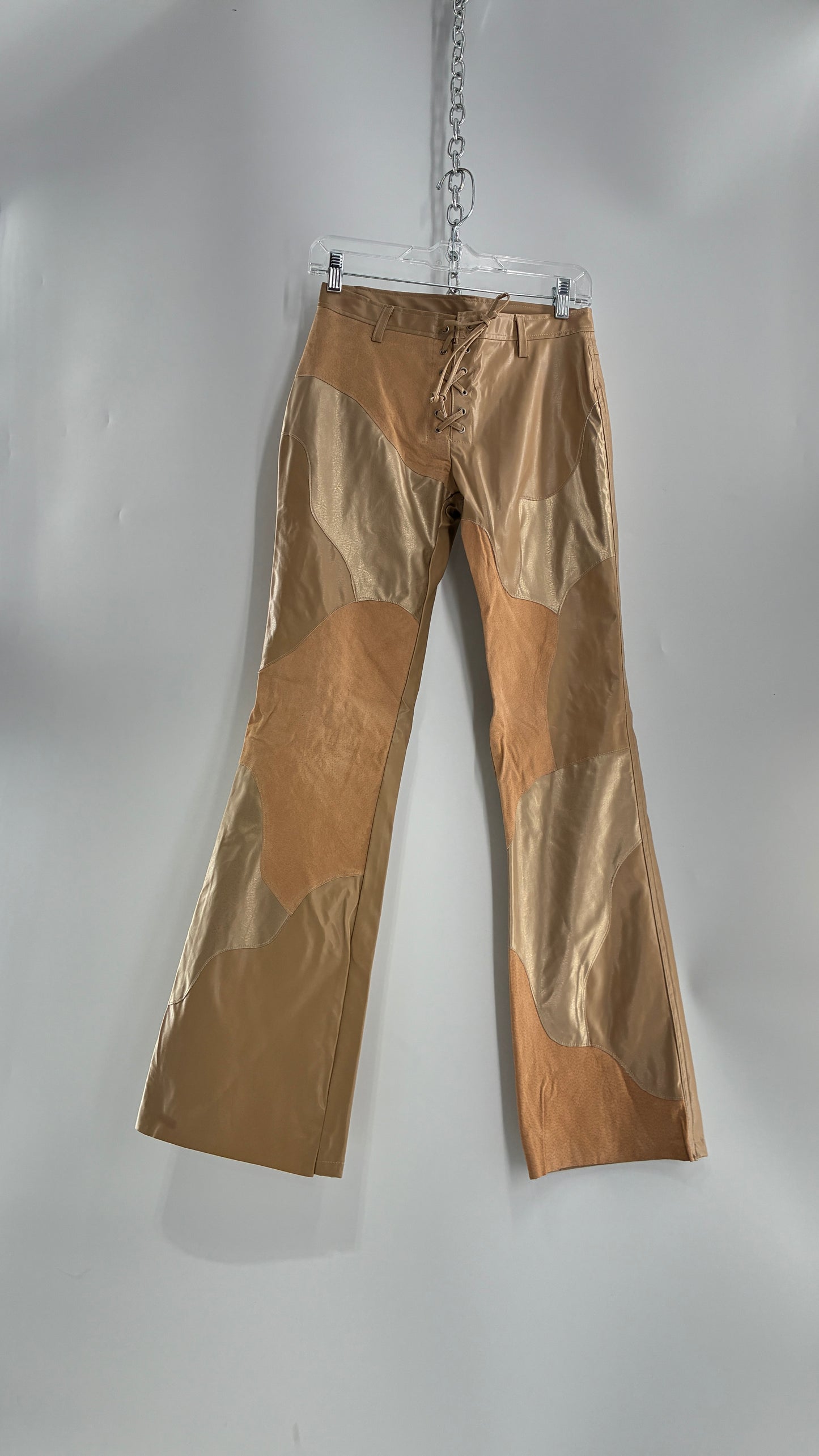 Vintage OUTER EDGE Patchwork Vegan Leather Kickflares with Tie Up Waistline (5)