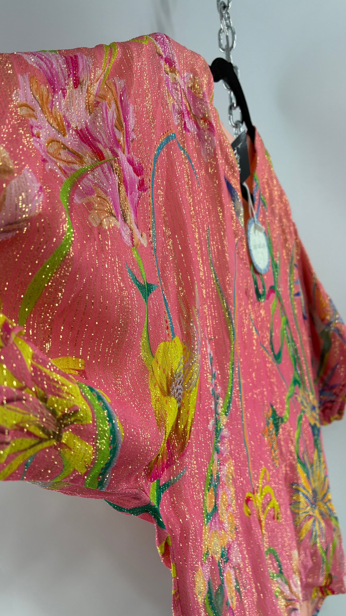 JUST BELLINA Pink Tropical Patterned Puff Sleeve Blouse with Gold Threading and Tags Attached (Small)