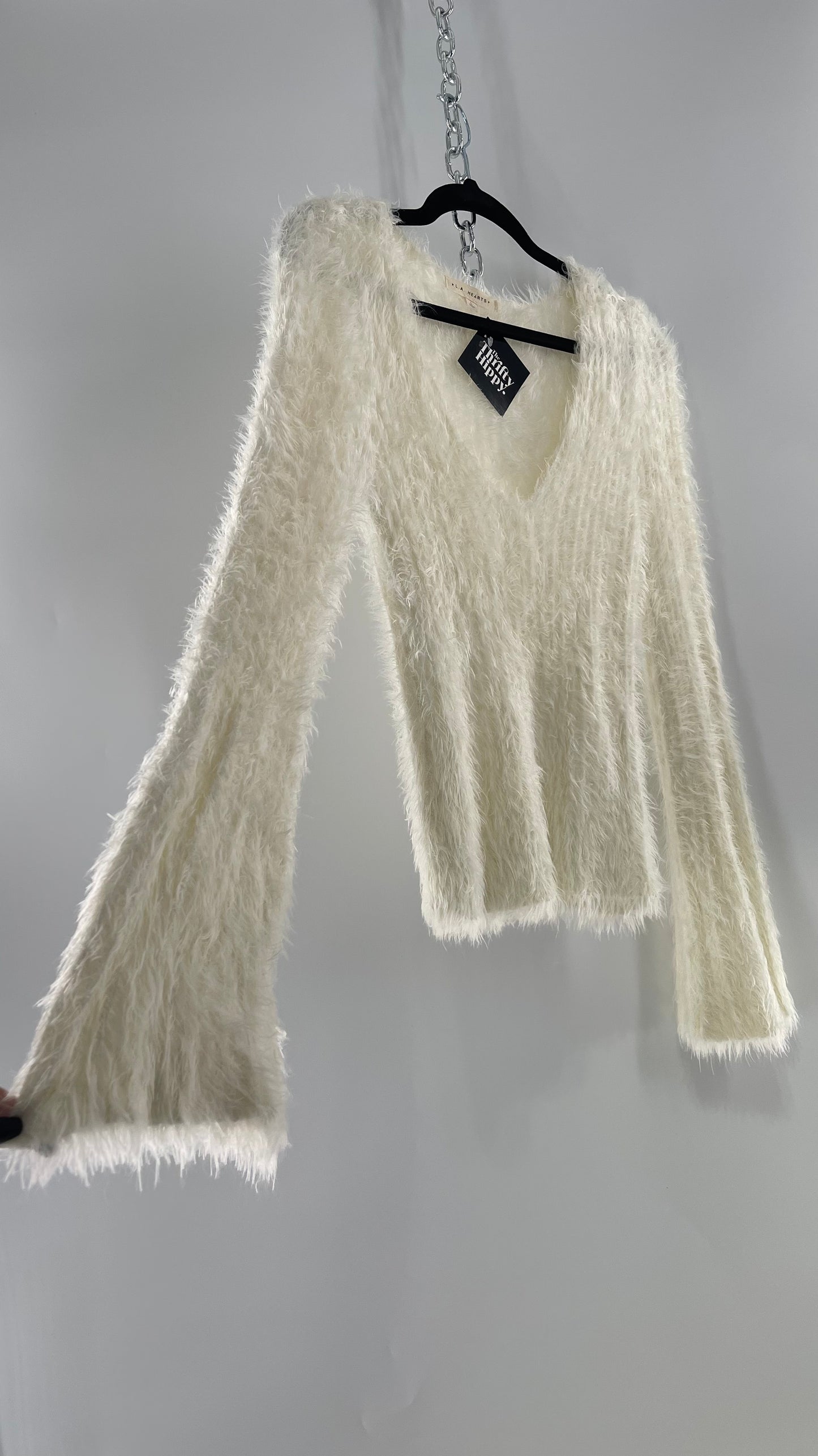 LA Hearts White Fuzzy Bell Sleeve V Neck Sweater (Large)