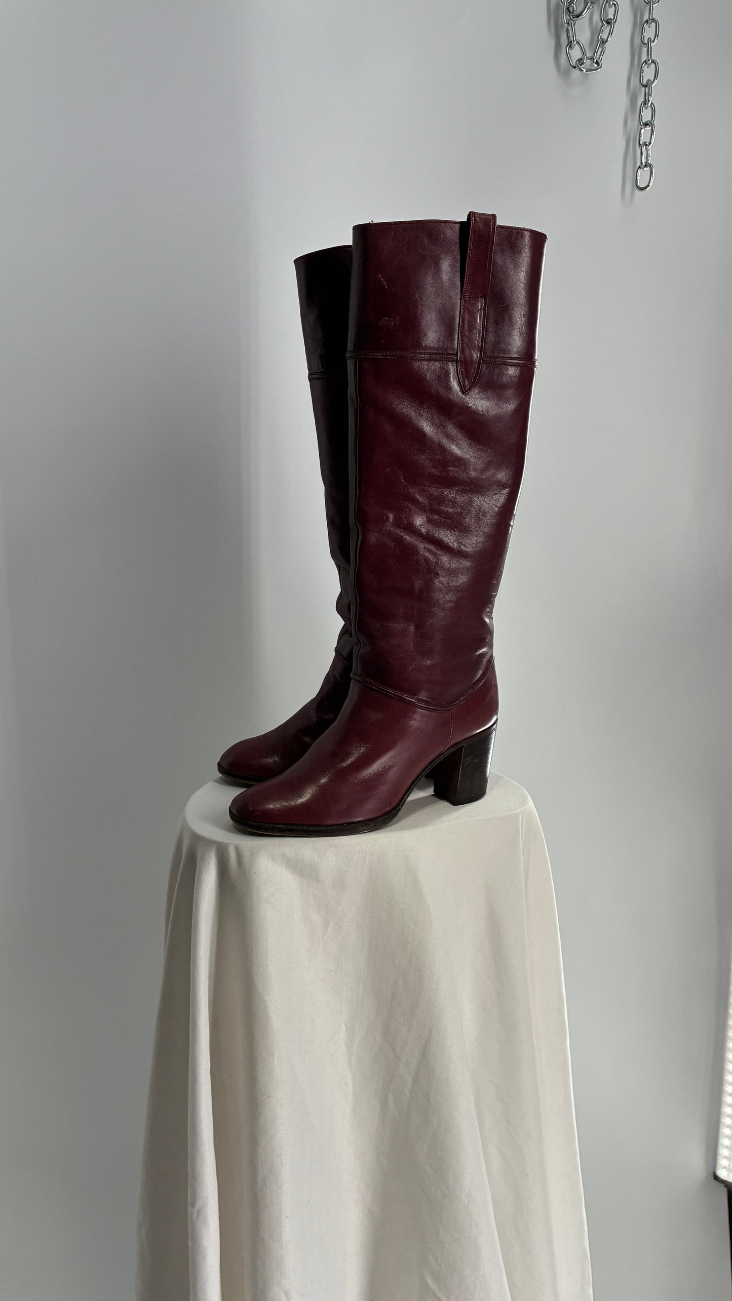 Vintage Red Leather Round Toe Knee High Boots Made in Spain Boots (38)