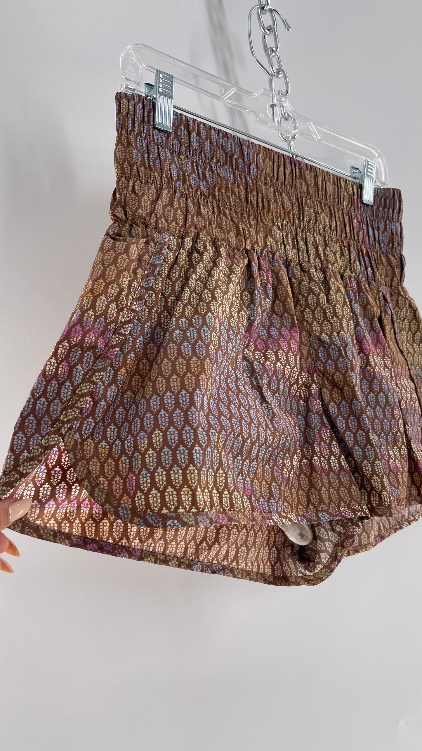 Free People Brown Patterned Parachute Shorts with Wide Waist Band (Large)