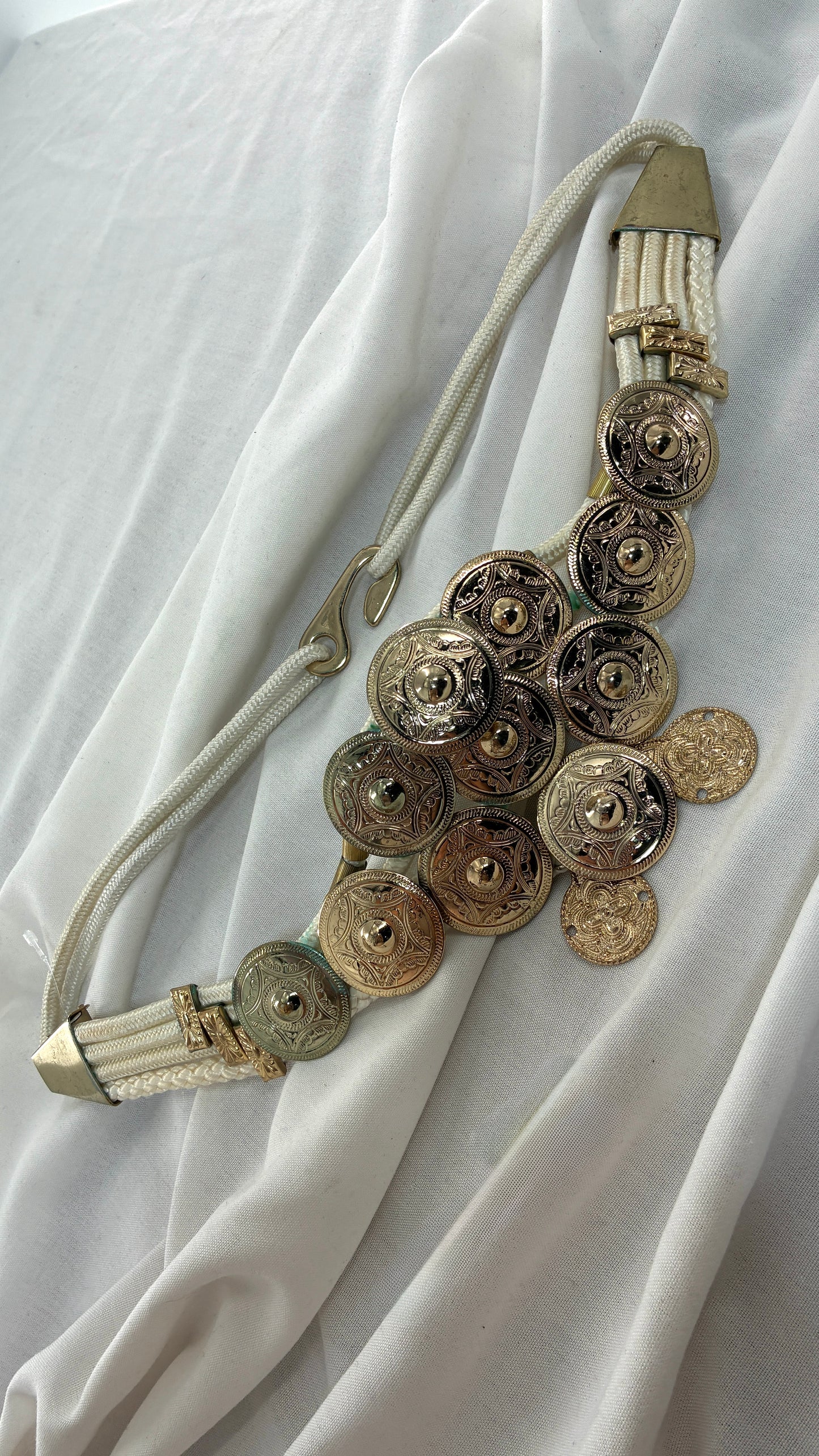 Vintage 1980s White Rope Belt with Gold Engraved Coins Made in Korea