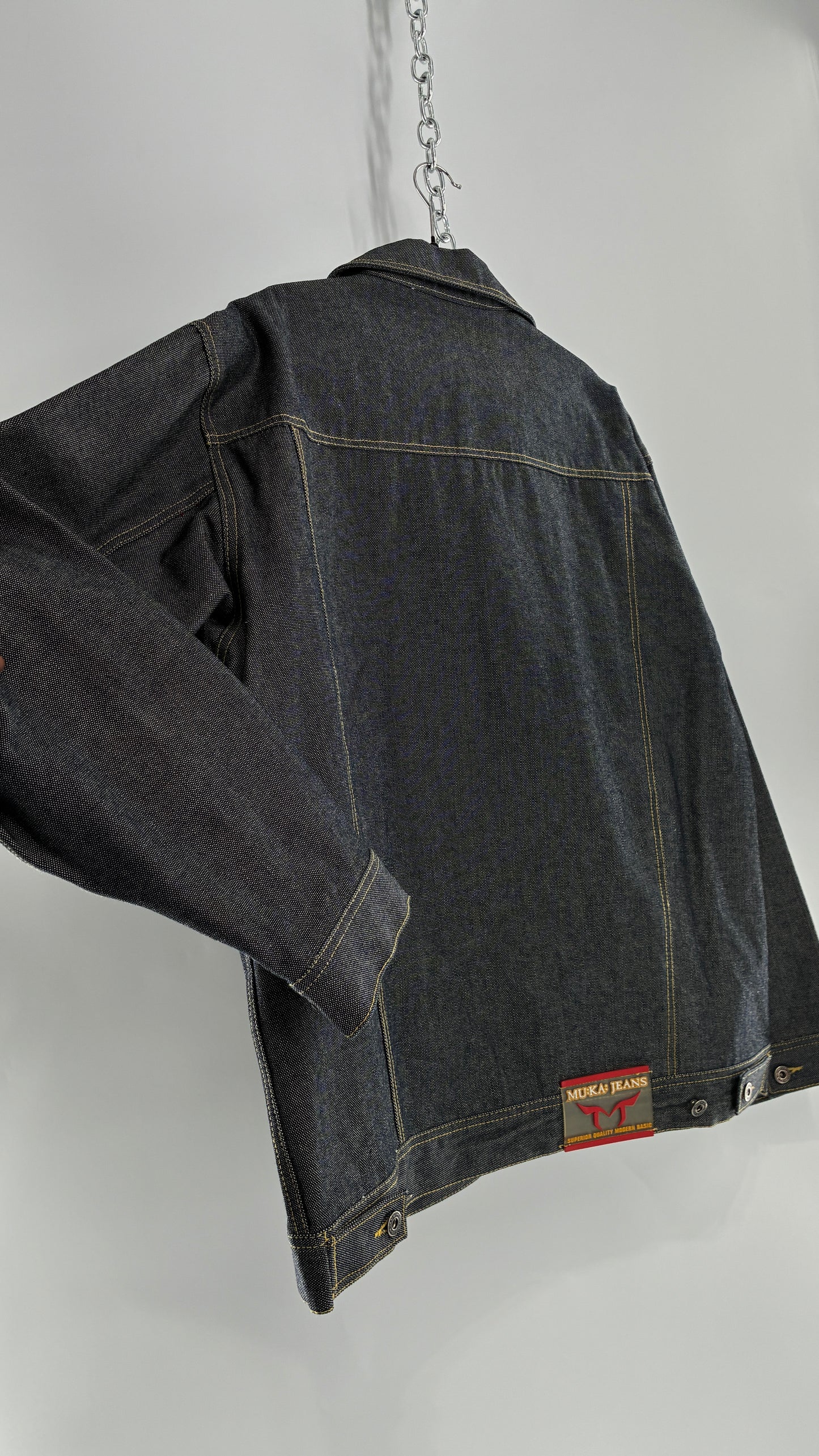 Vintage 1990s MU:KA: JEANS Men’s Dark Wash Japanese Style Denim Baggy Straight Legs and Oversized Jacket Set (L, 32x32)