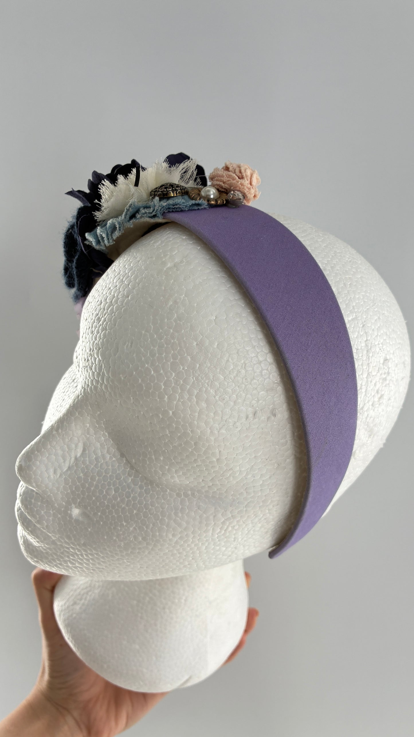 Vintage FARMER Handmade Lilac Headband with Purple Ribbon,  Pleated, Floral, and Gemstone Appliqués