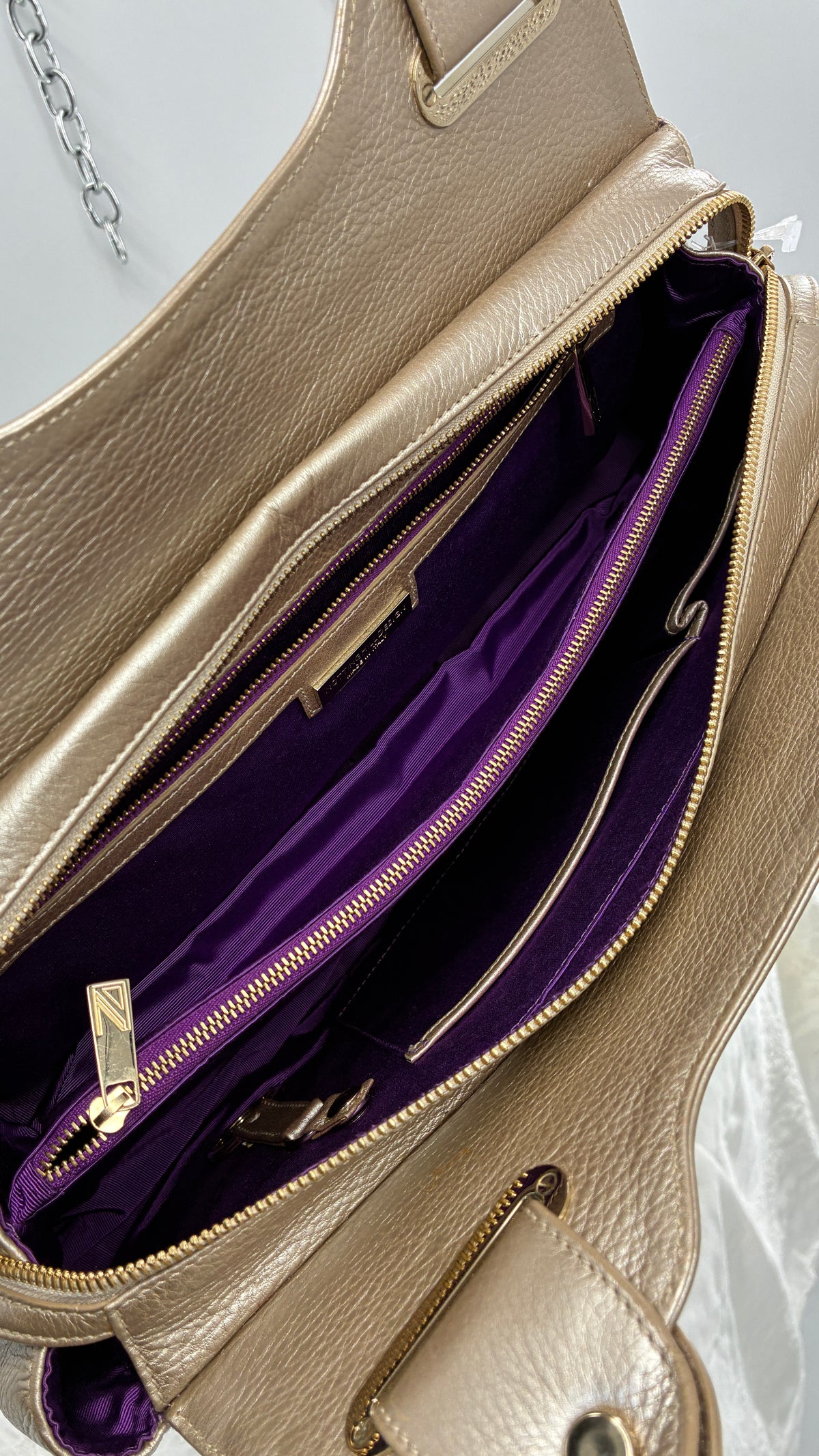 Vintage NOTTINGHILL DESIGNS Westbourne Metallic Champagne Genuine Leather Pocketed Bag with Exaggerated Hardware As Seen on Gossip Girl