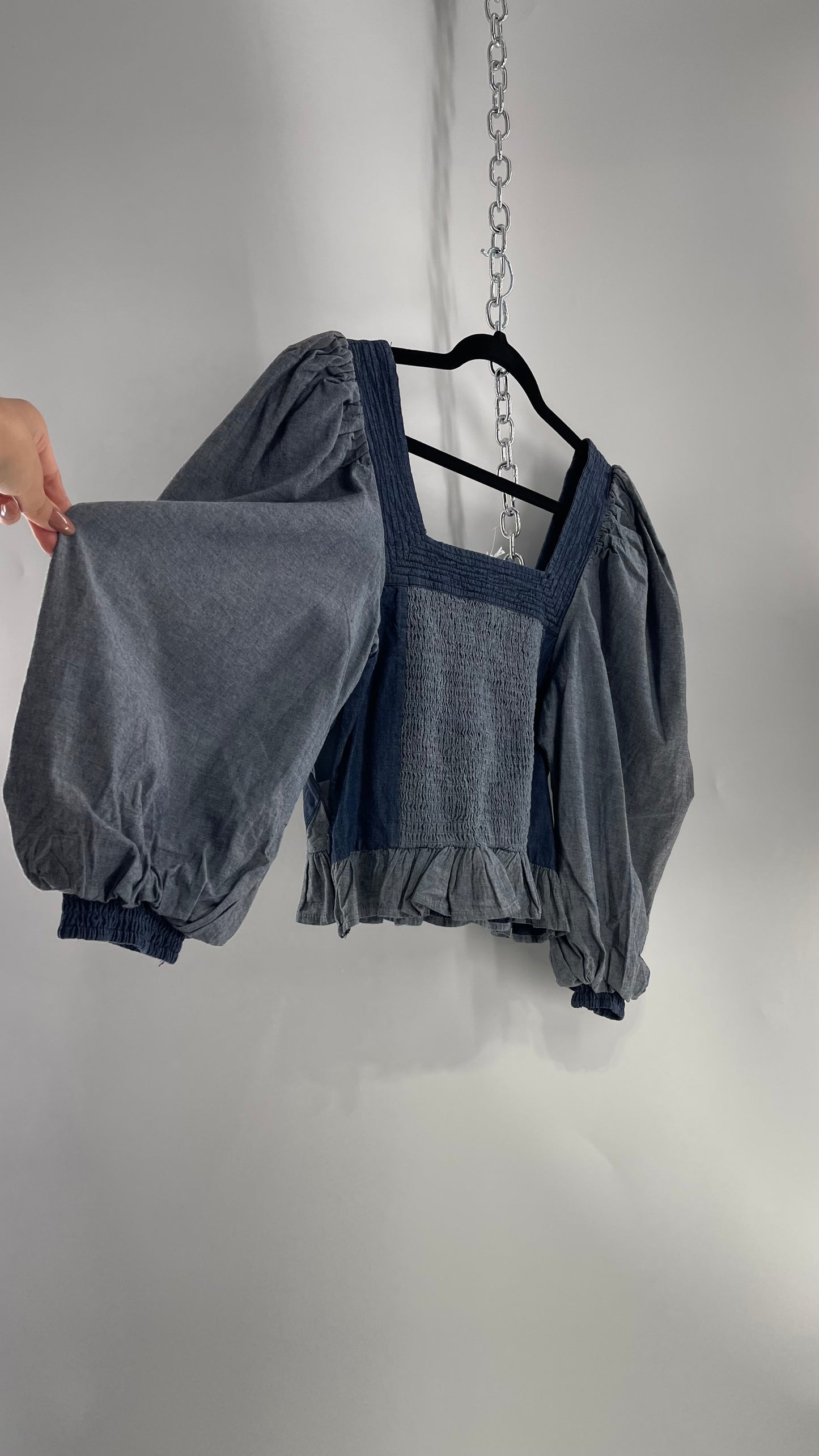 Love the Label ANTHROPOLOGIE Chambray, Chevron, Denim Smocked Blouse with Dramatic Sleeves and Tags Attached (Small)