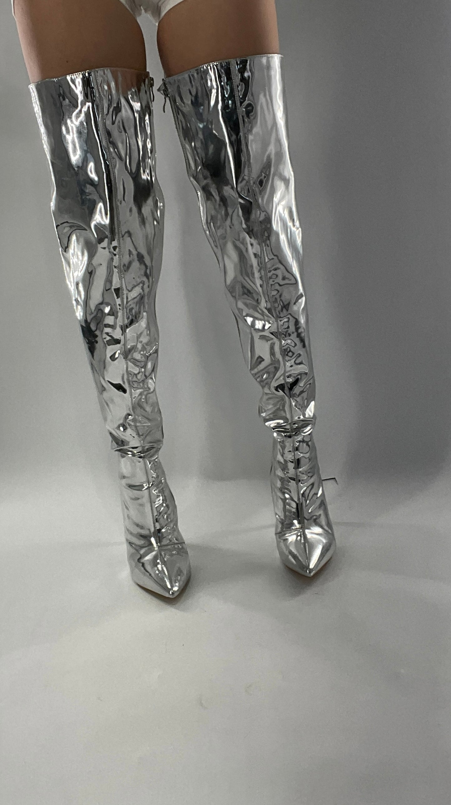 Vintage Chrome Platinum Mirrored Thigh High Molten Metal Sky High Boots Space Cadet/Concert (7)