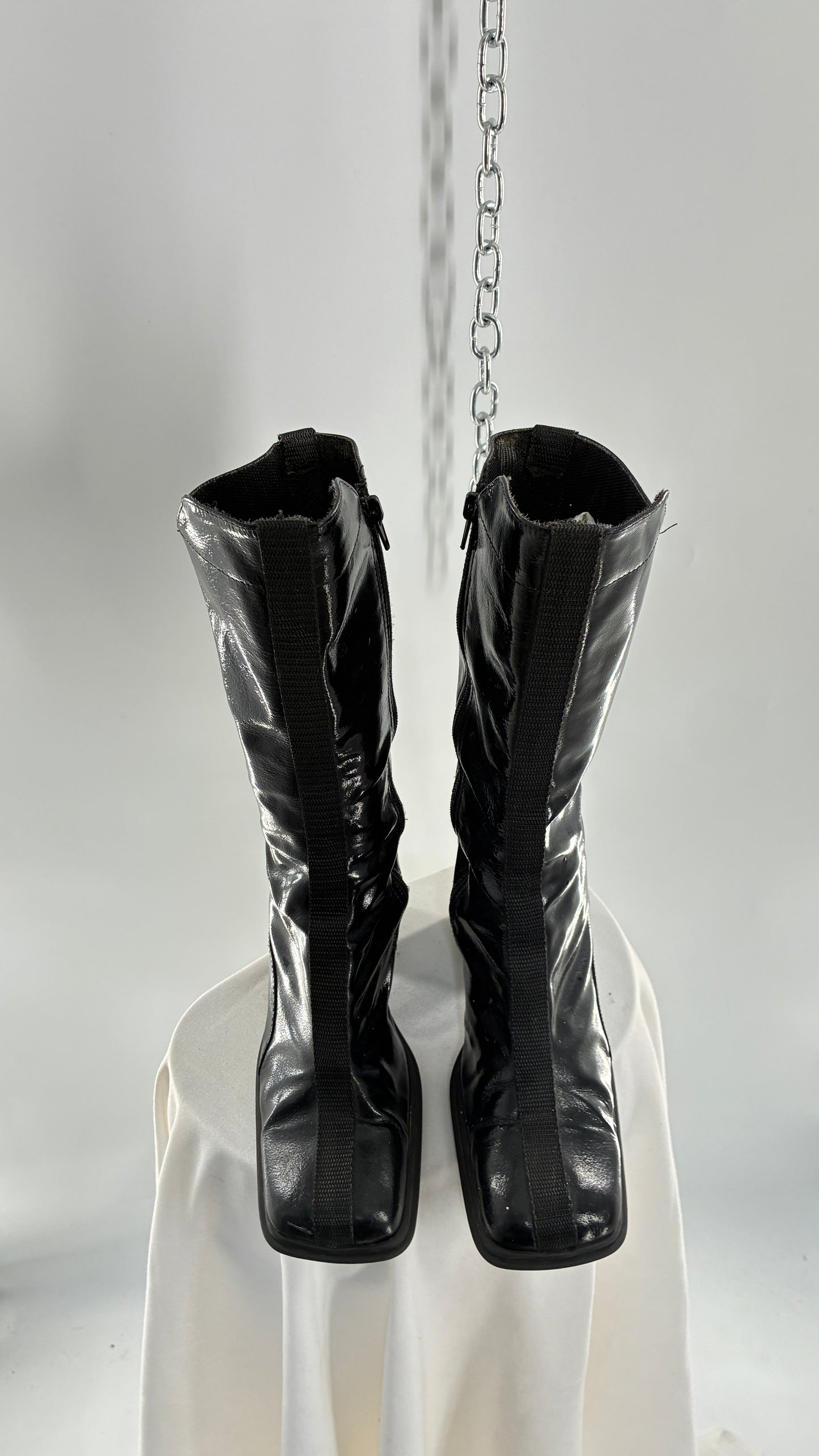Vintage Black Patent Vinyl Boots with Square Toe and Block Heel with High, Low Calf (40)