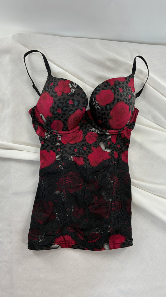 Vintage FLEXEES Rose & Leopard Graphic Thick Lycra Camisole (34C)