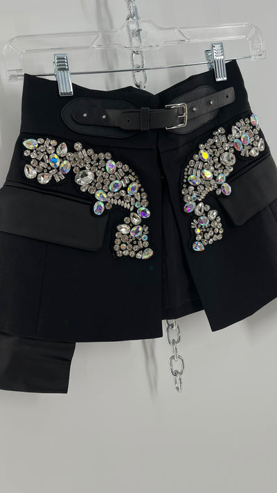 Black Skirt Belt Covered in Crystal Embellishments with Satin Flap Pockets (Medium)