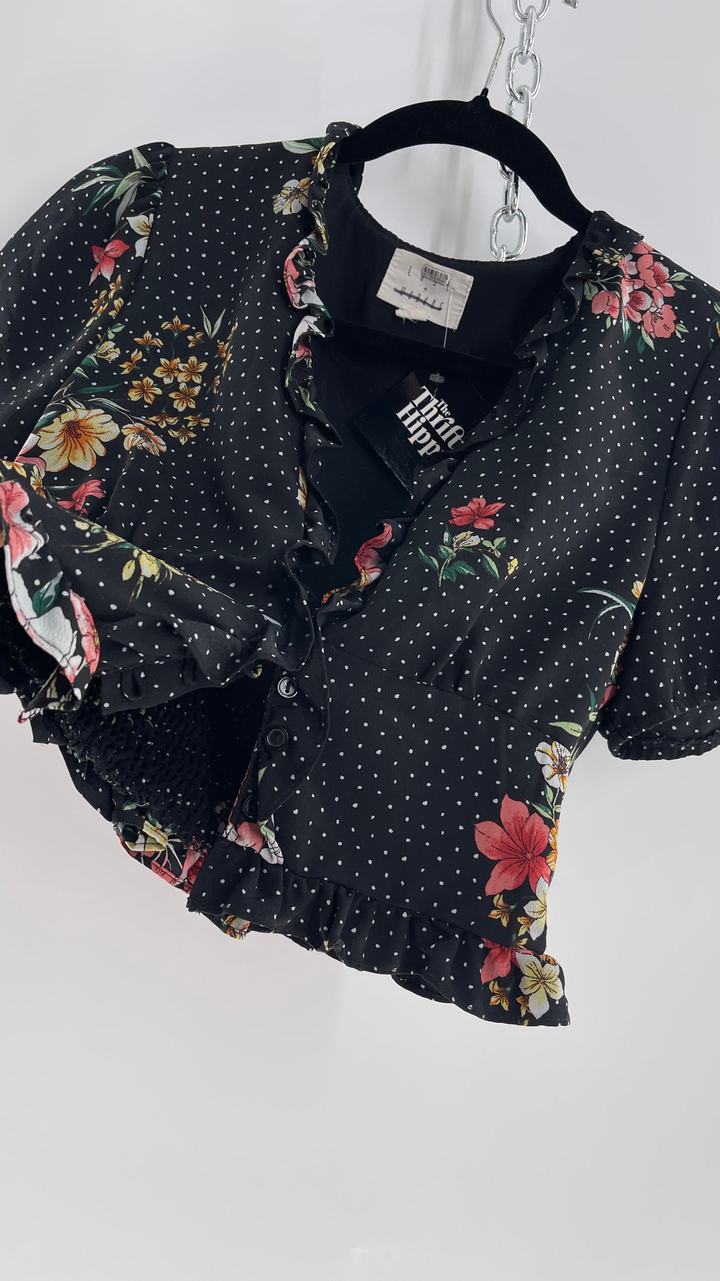 Lost &Wander Polka Dot Florals, Puff Sleeved Button Front (XS)