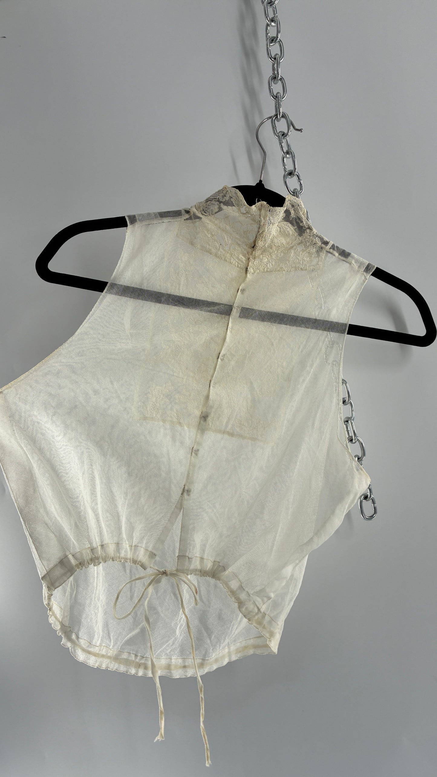 Vintage Antique Sheer Delicate Mesh, Mock Neck, Lace Paneled Camisole with Drawstring Waistline (XS/S)
