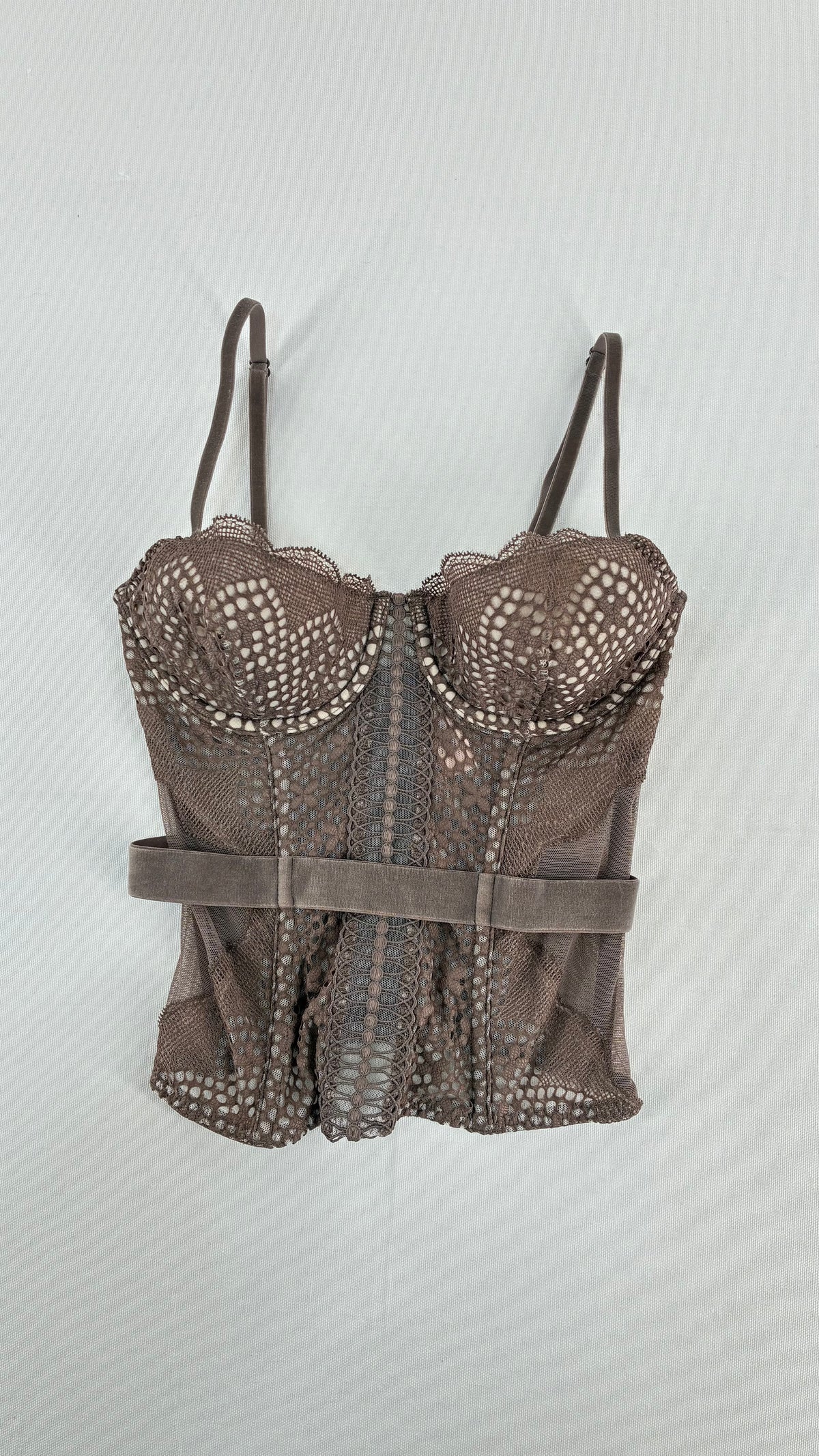 Vintage VICTORIA’S SECRET Taupe Lace Corset with Velour Belting and Tags Attached (32C)